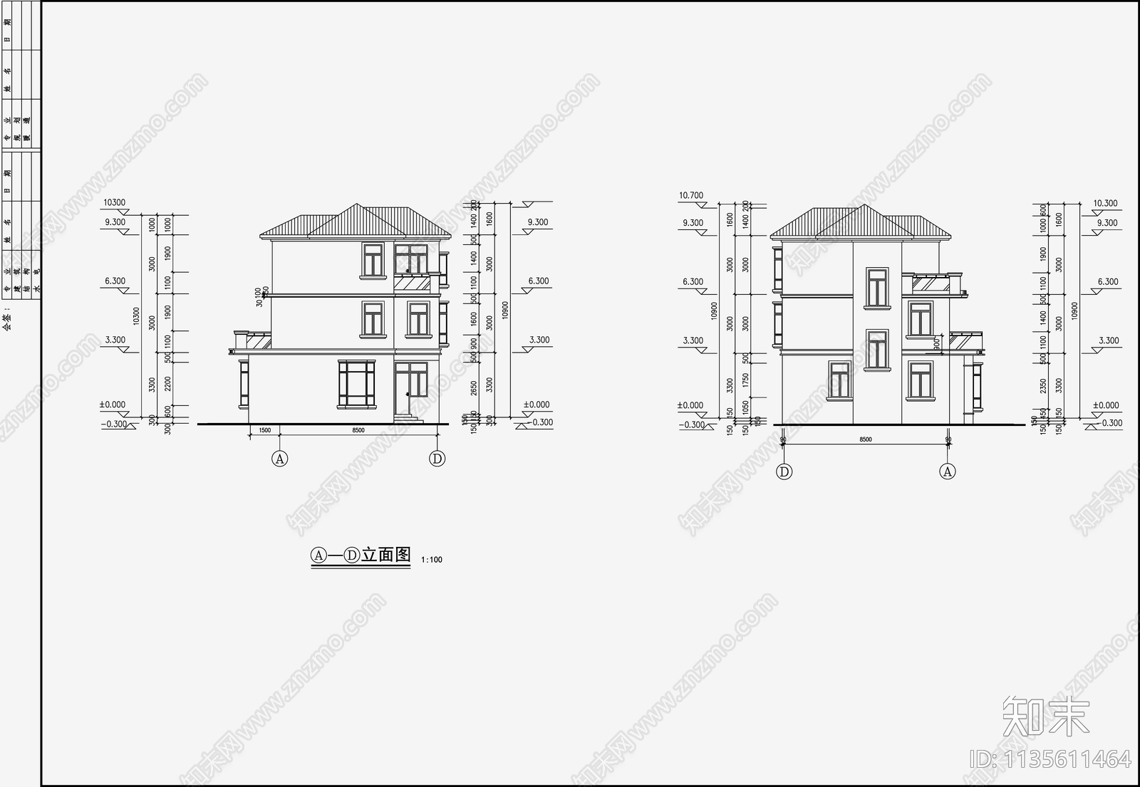 欧式简约别墅设计cad施工图下载【ID:1135611464】