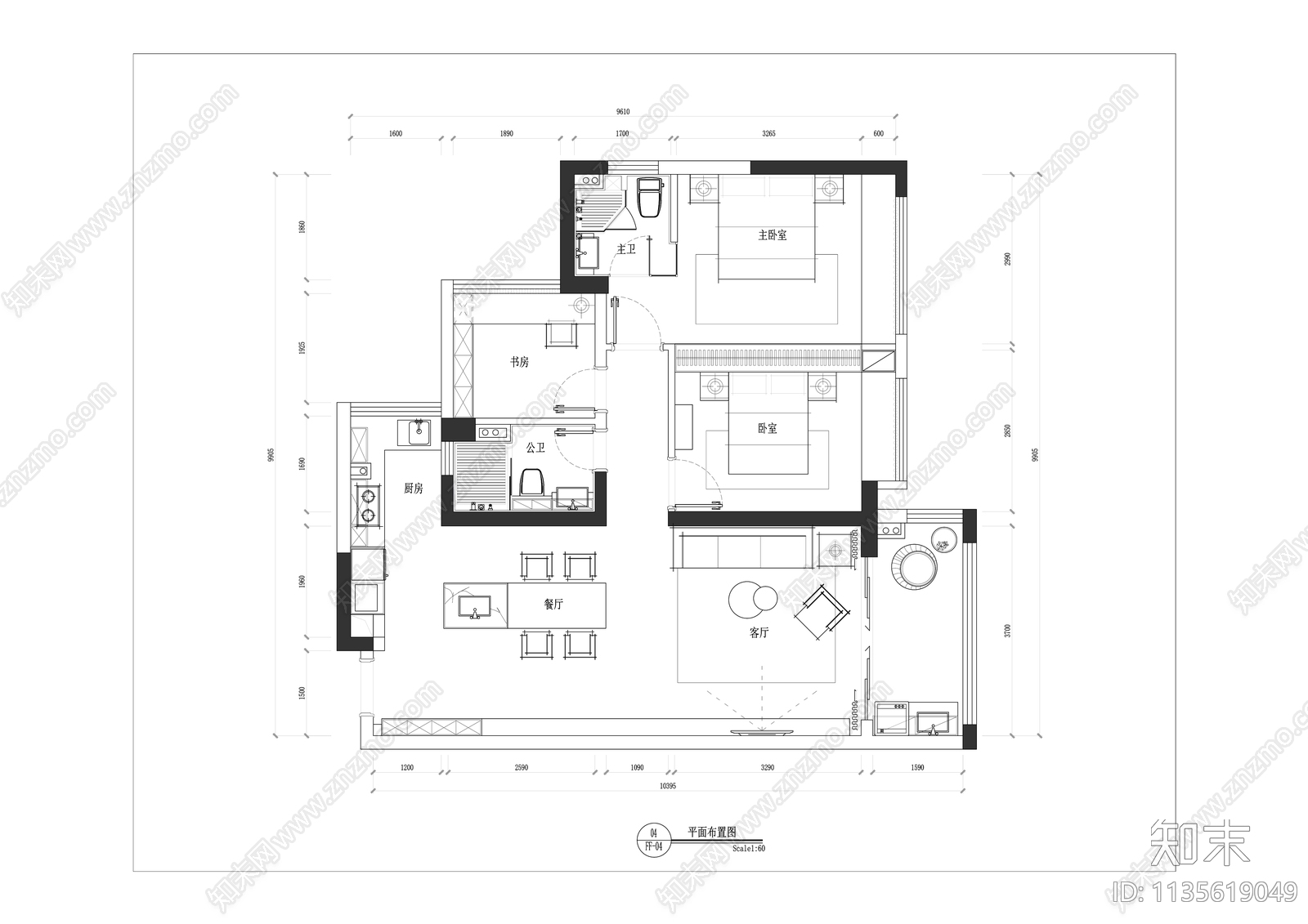 130平现代简约平层样板房cad施工图下载【ID:1135619049】