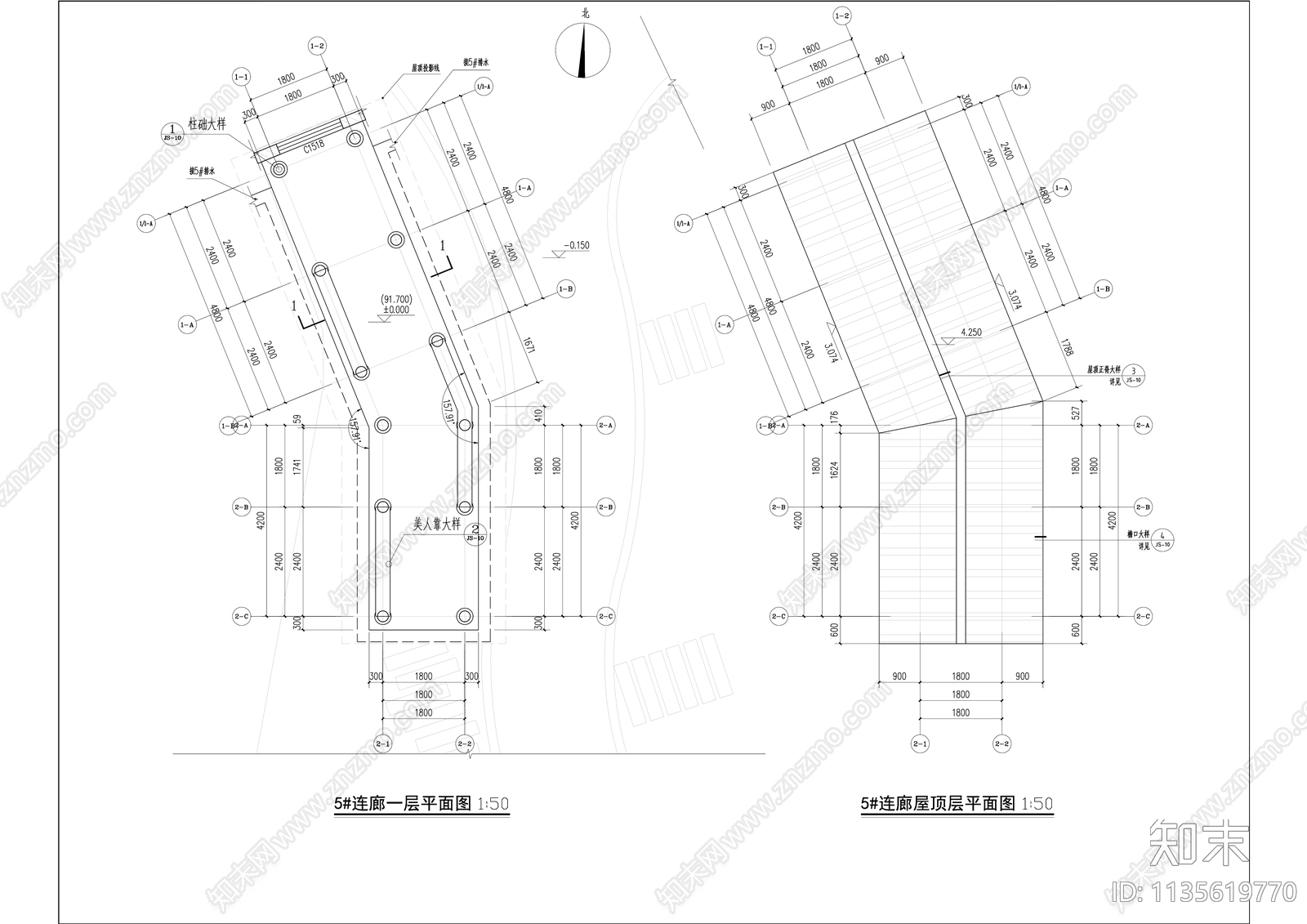 中式坡屋面单体建筑连廊施工图下载【ID:1135619770】