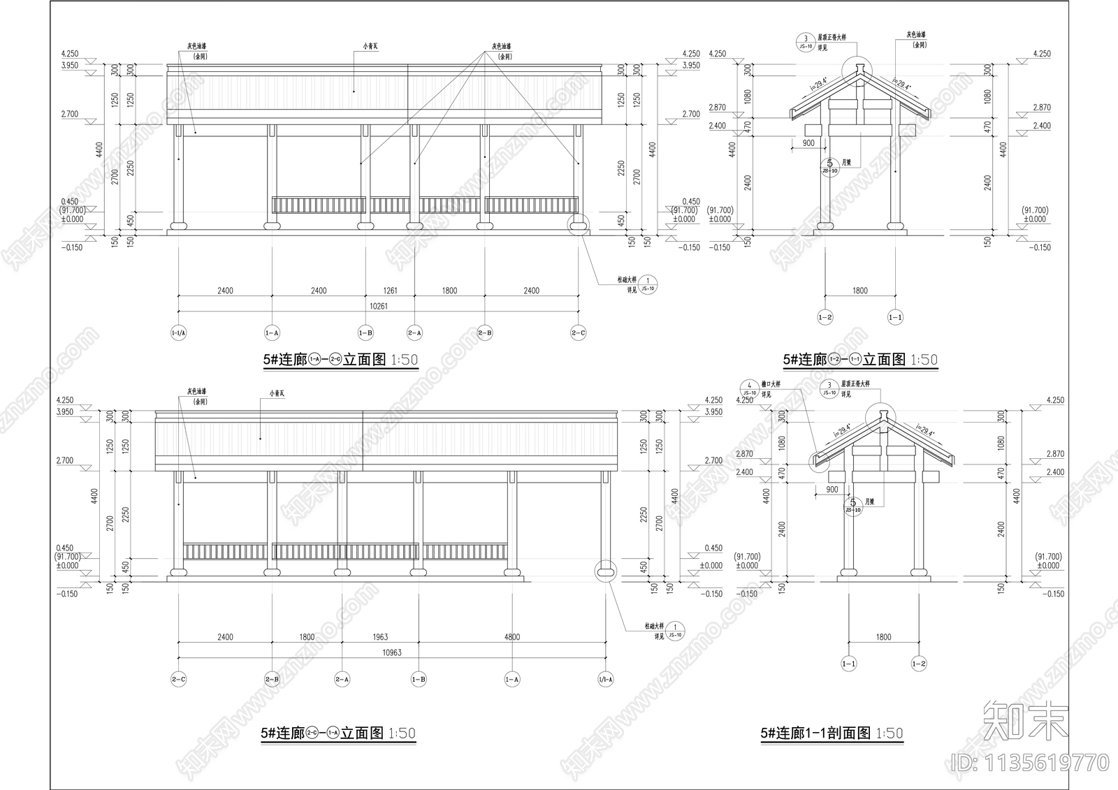 中式坡屋面单体建筑连廊施工图下载【ID:1135619770】