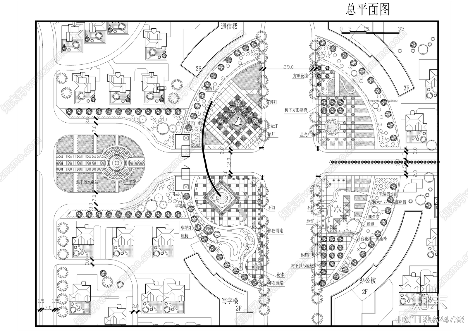 十字路口广场景观平面图cad施工图下载【ID:1135624738】