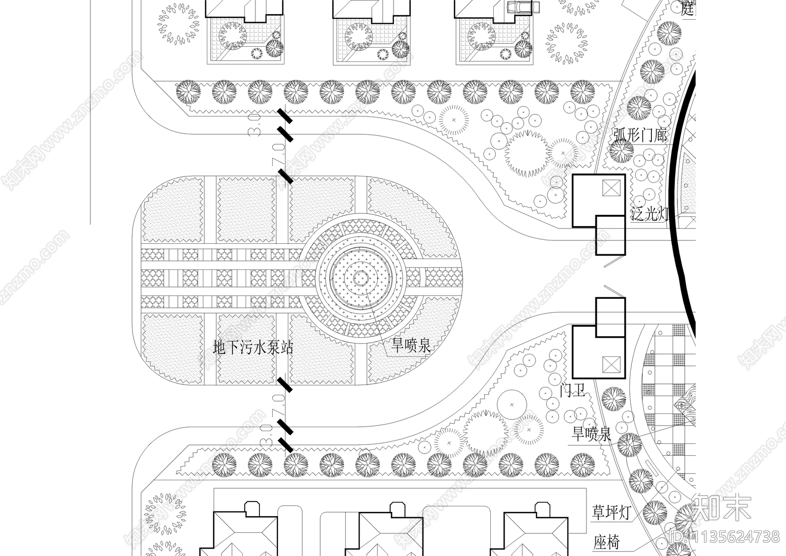 十字路口广场景观平面图cad施工图下载【ID:1135624738】