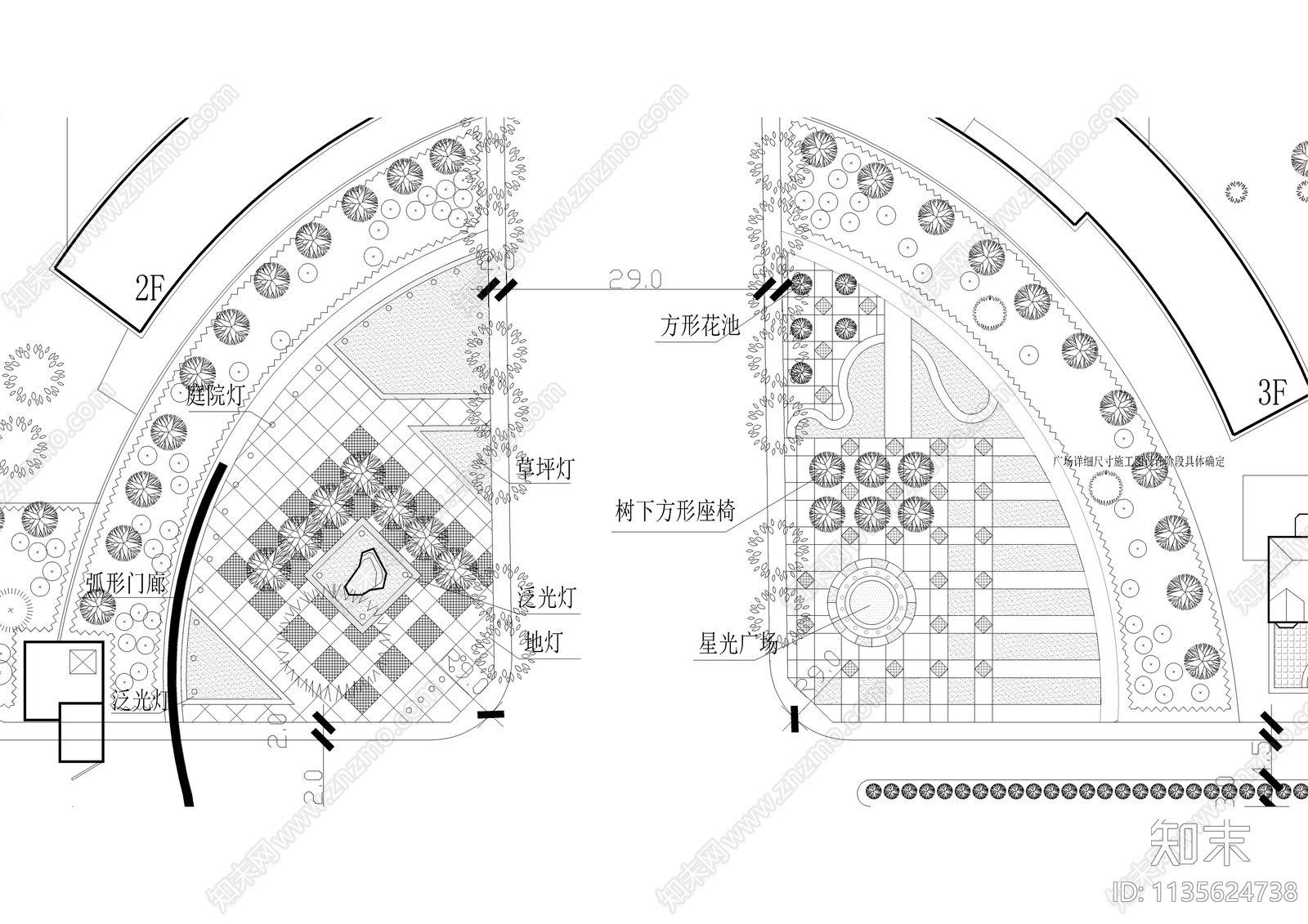 十字路口广场景观平面图cad施工图下载【ID:1135624738】