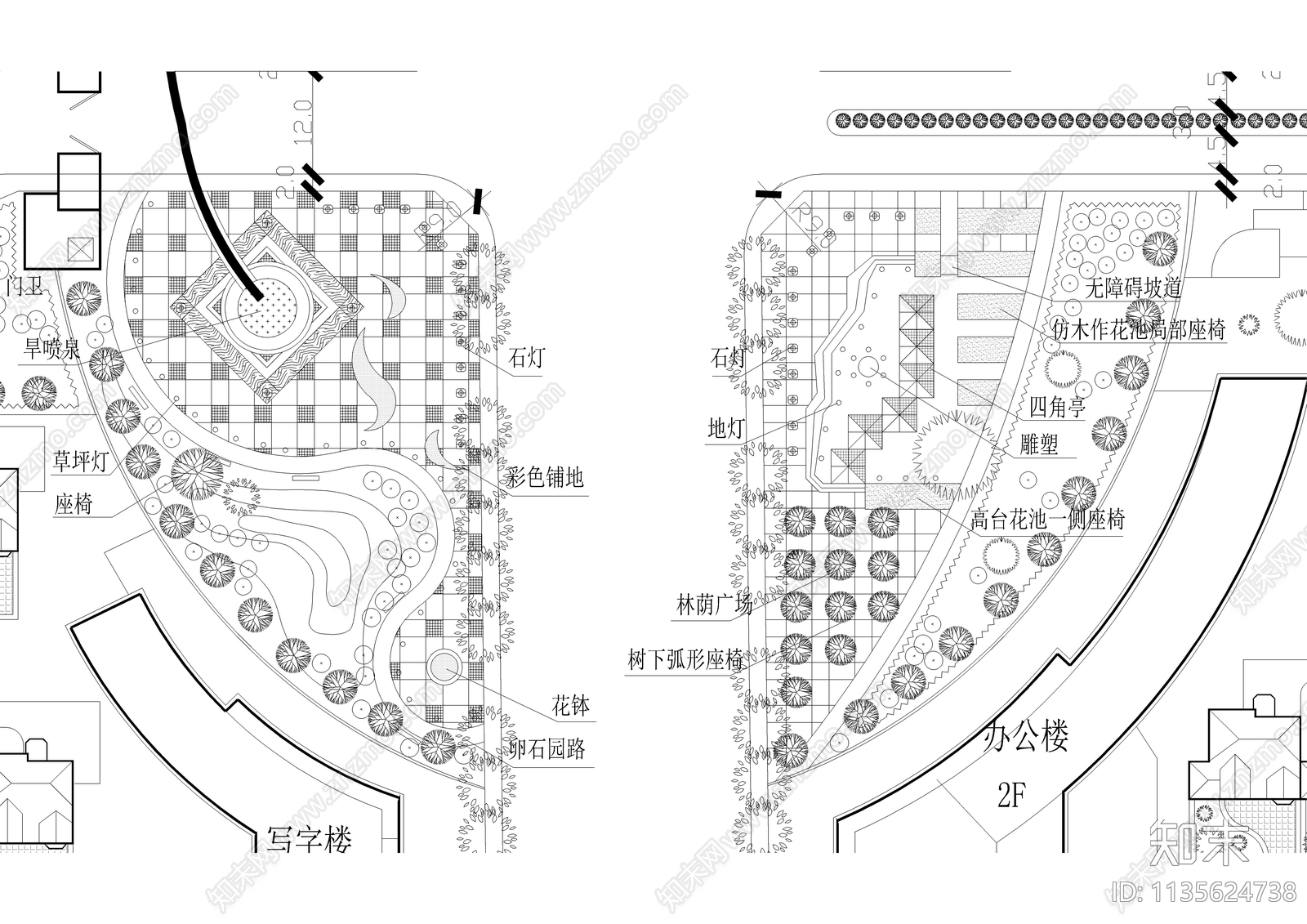 十字路口广场景观平面图cad施工图下载【ID:1135624738】