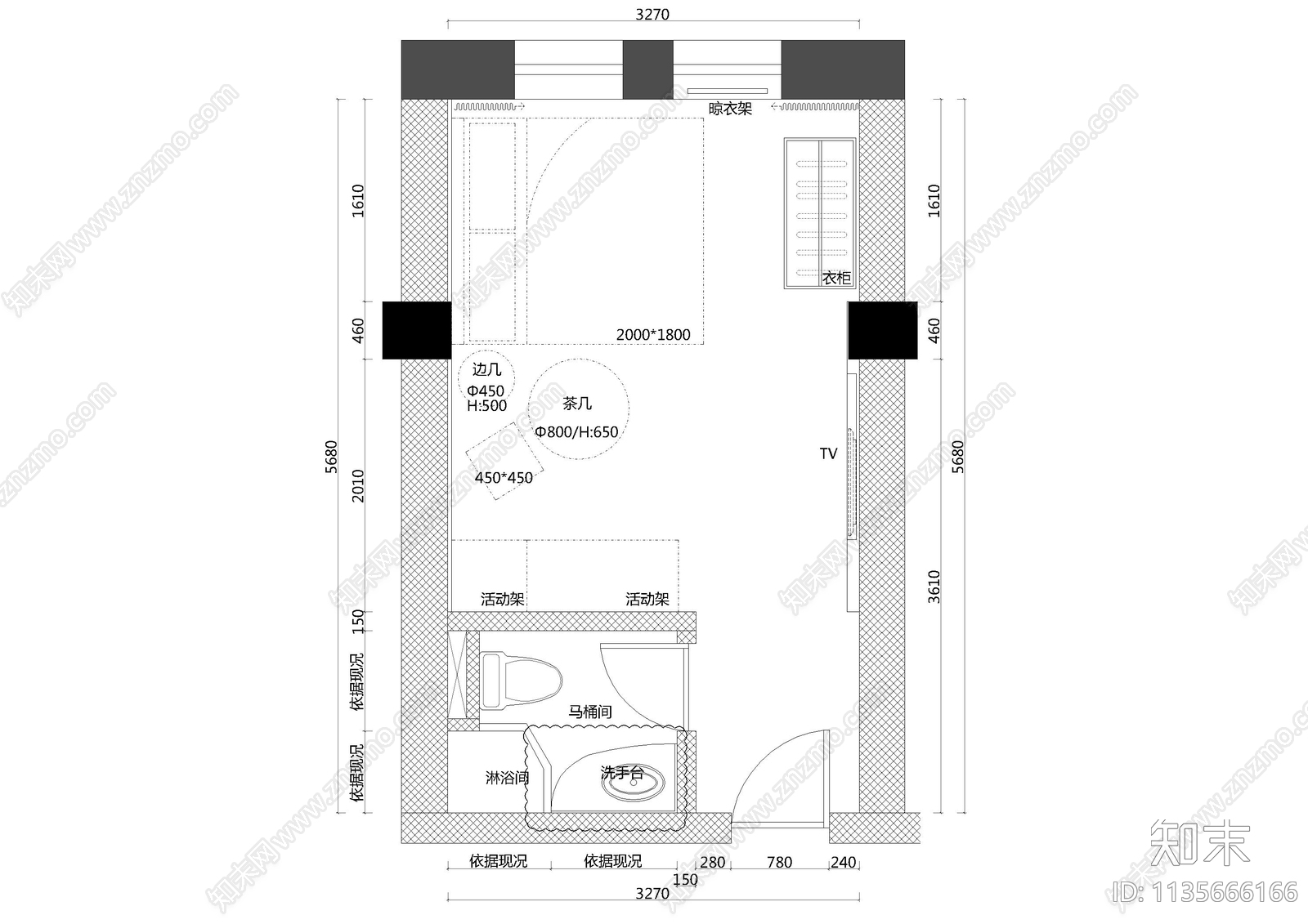 双人房客房cad施工图下载【ID:1135666166】