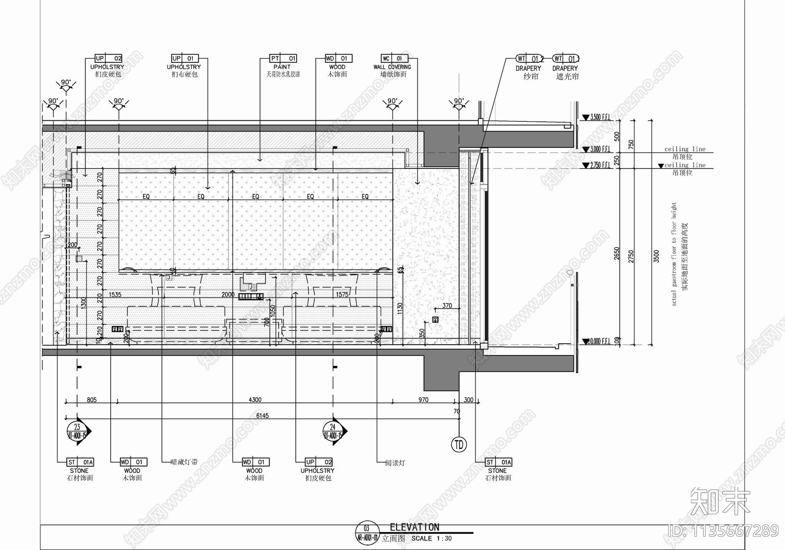 55㎡酒店标准双人间客房cad施工图下载【ID:1135667289】