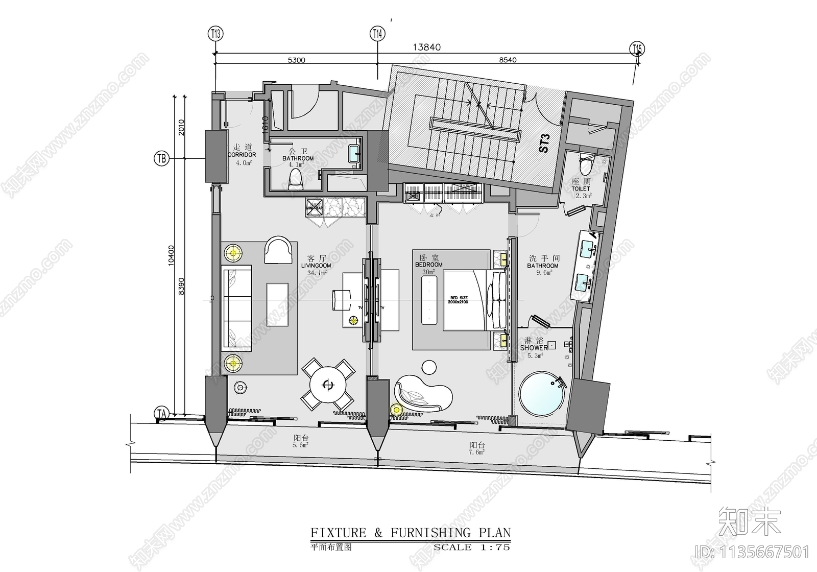 120㎡酒店行政套房客房cad施工图下载【ID:1135667501】