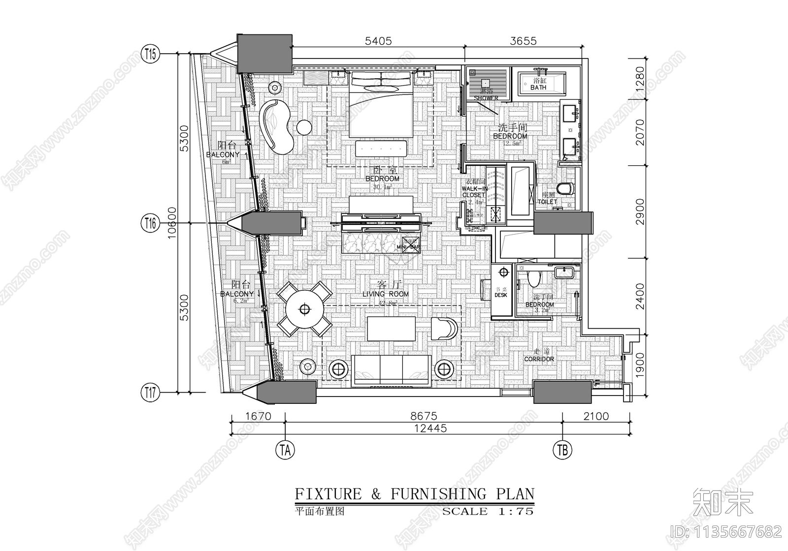 120㎡酒店行政套房客房cad施工图下载【ID:1135667682】