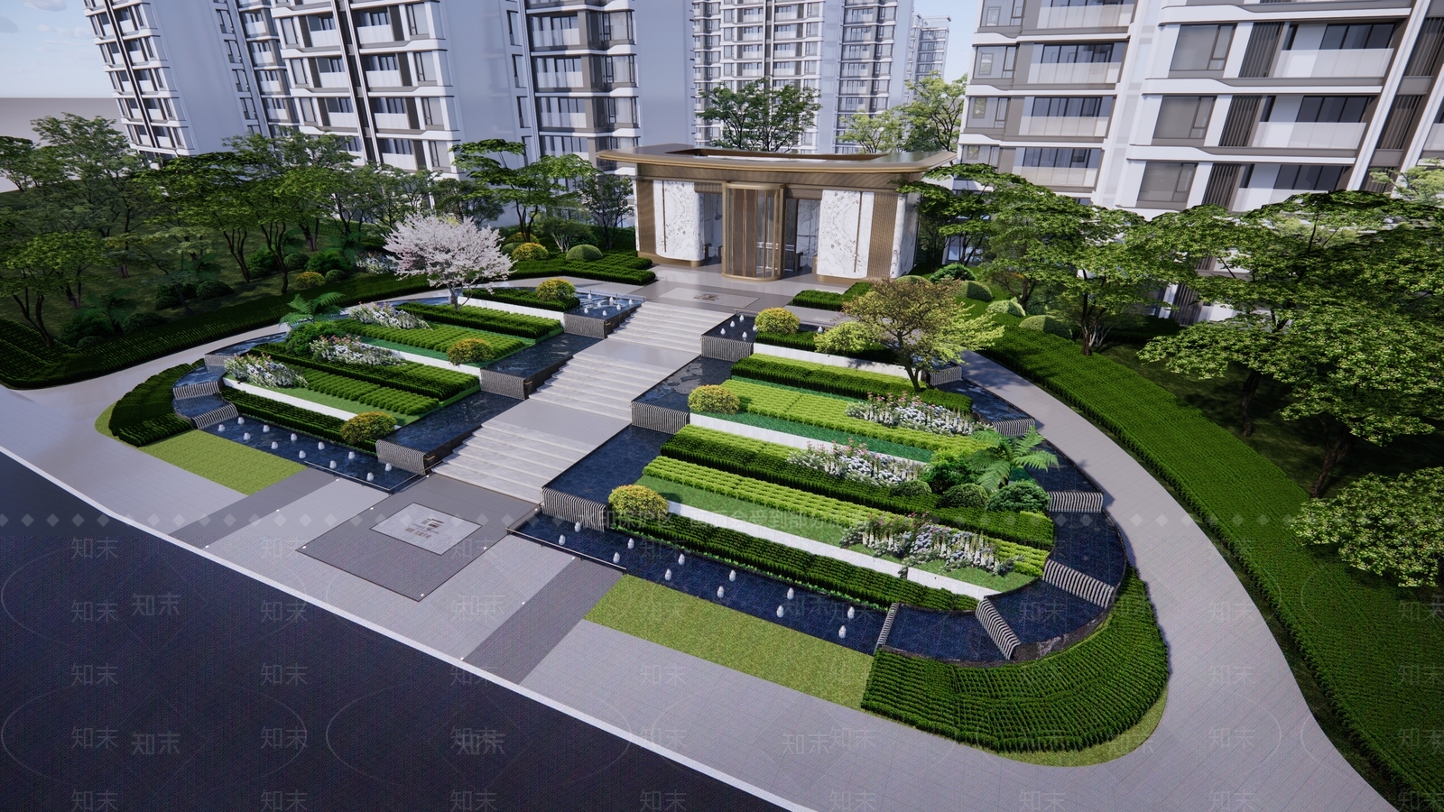 现代小区台阶景观SU模型下载【ID:1135676813】