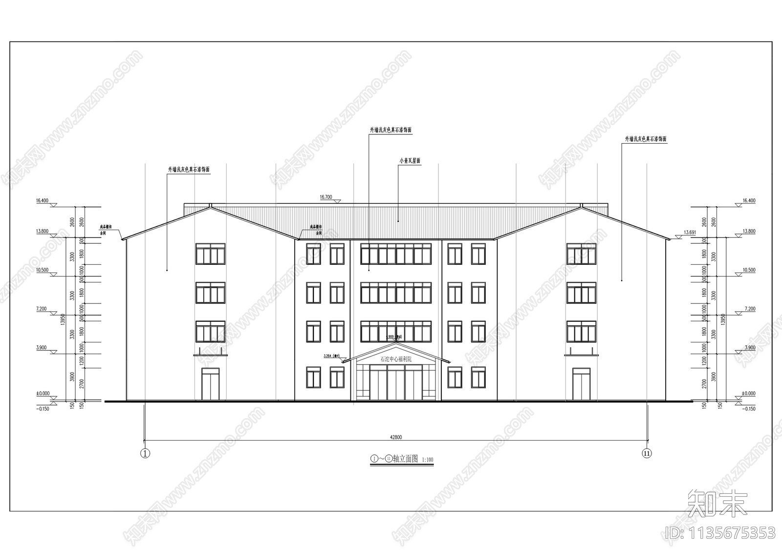 石沱福利院建筑cad施工图下载【ID:1135675353】