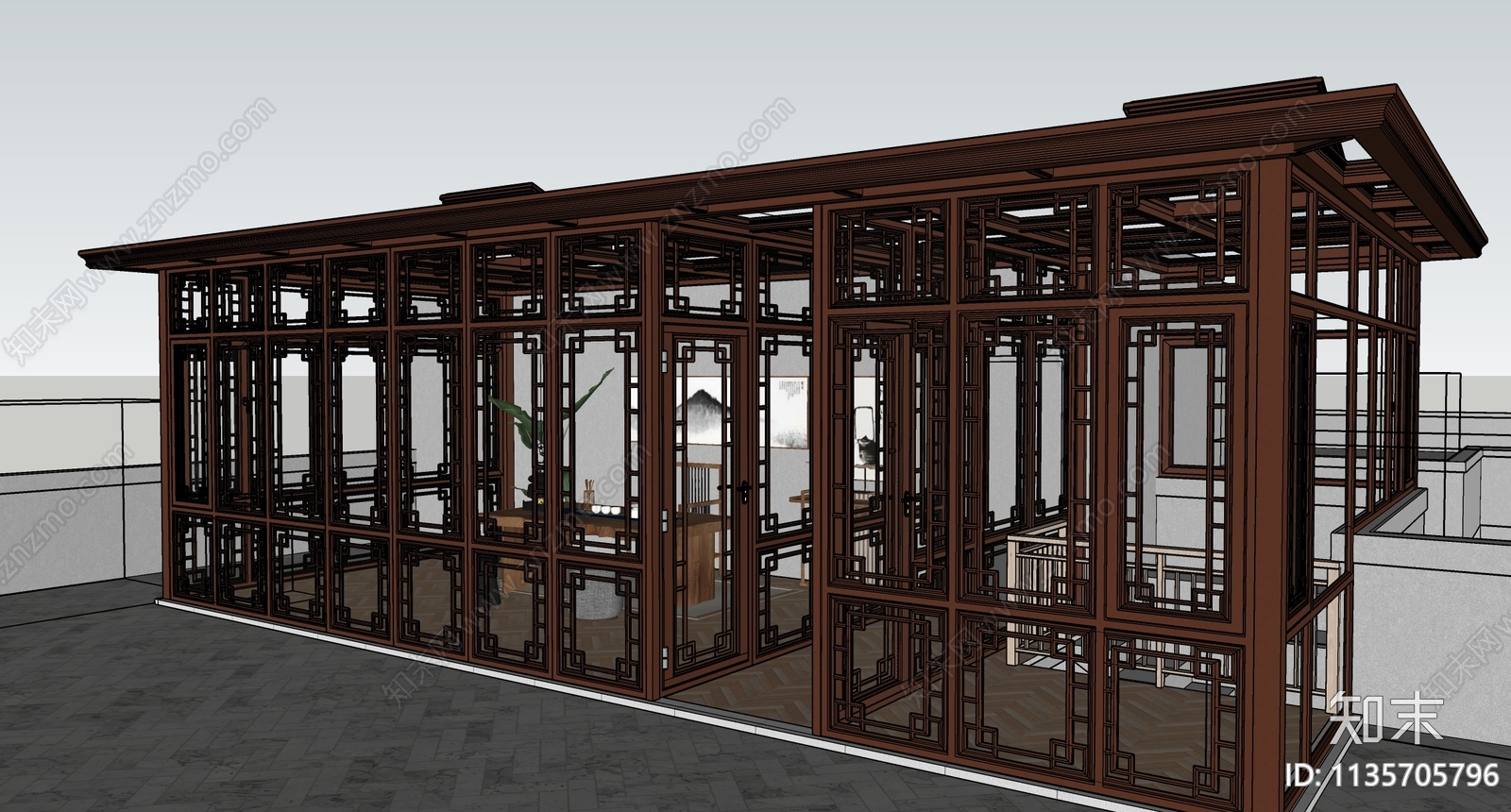 中式风格阳光房SU模型下载【ID:1135705796】