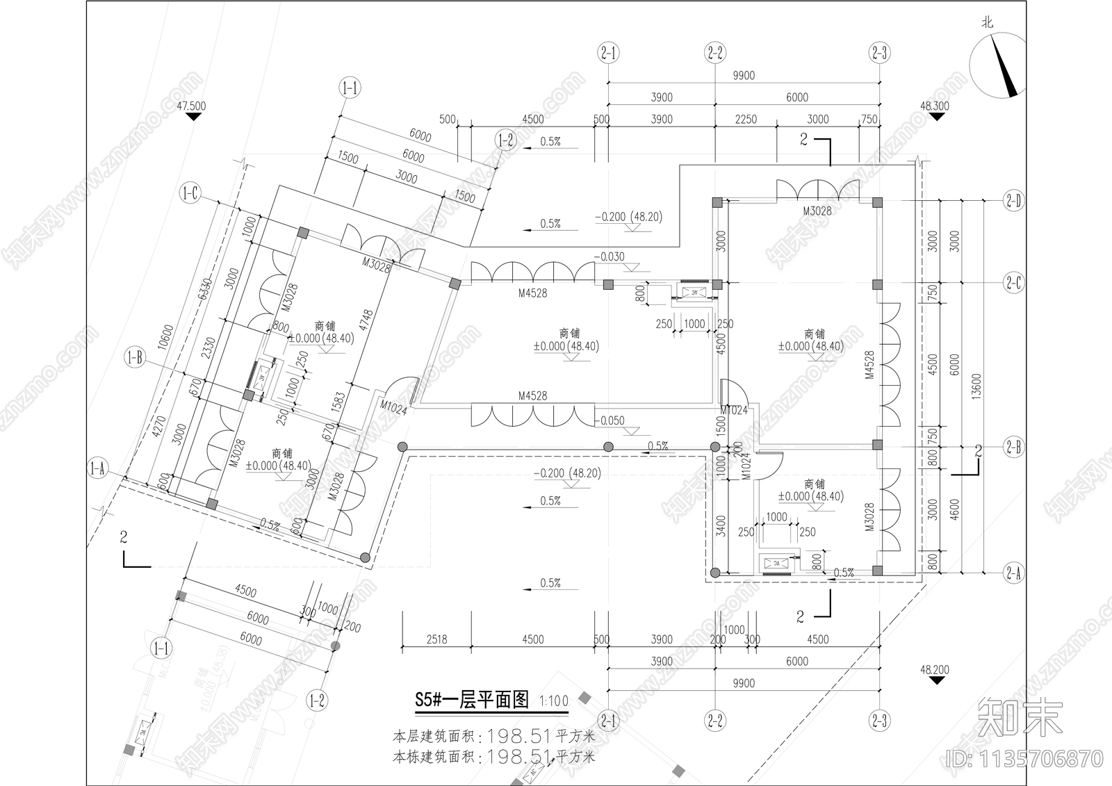 中式坡屋面商业街建筑cad施工图下载【ID:1135706870】