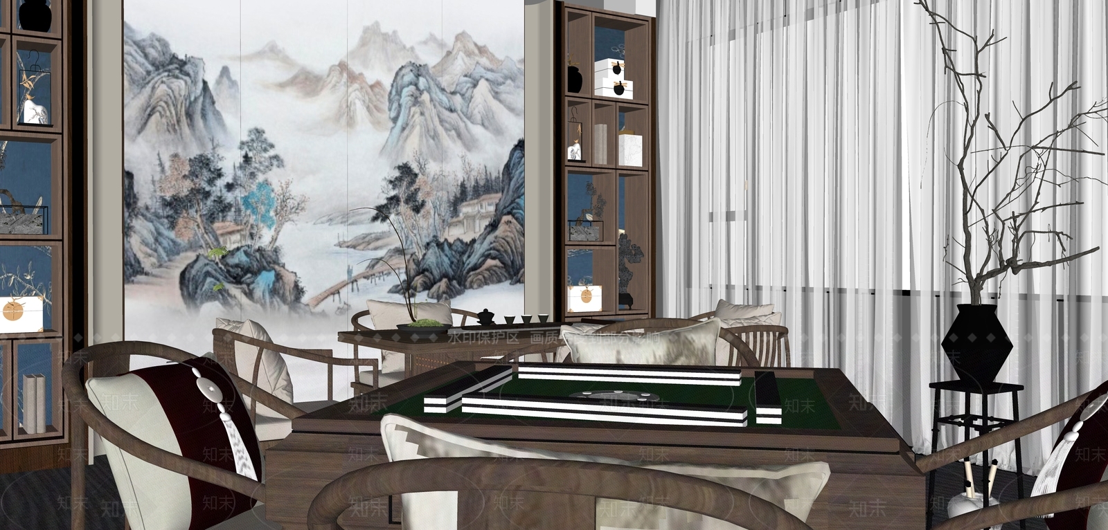新中式棋牌室SU模型下载【ID:1135718049】