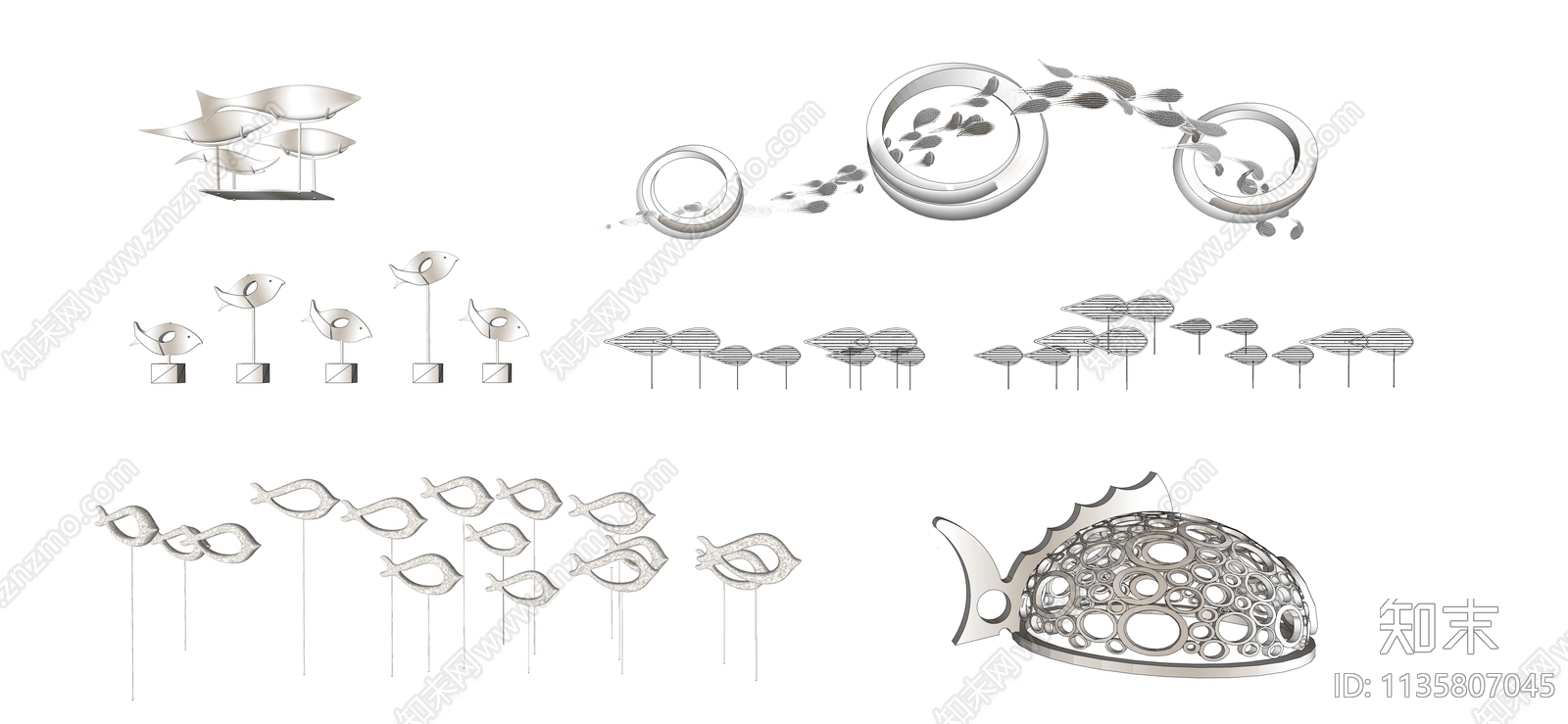 现代鱼群雕塑小品SU模型下载【ID:1135807045】