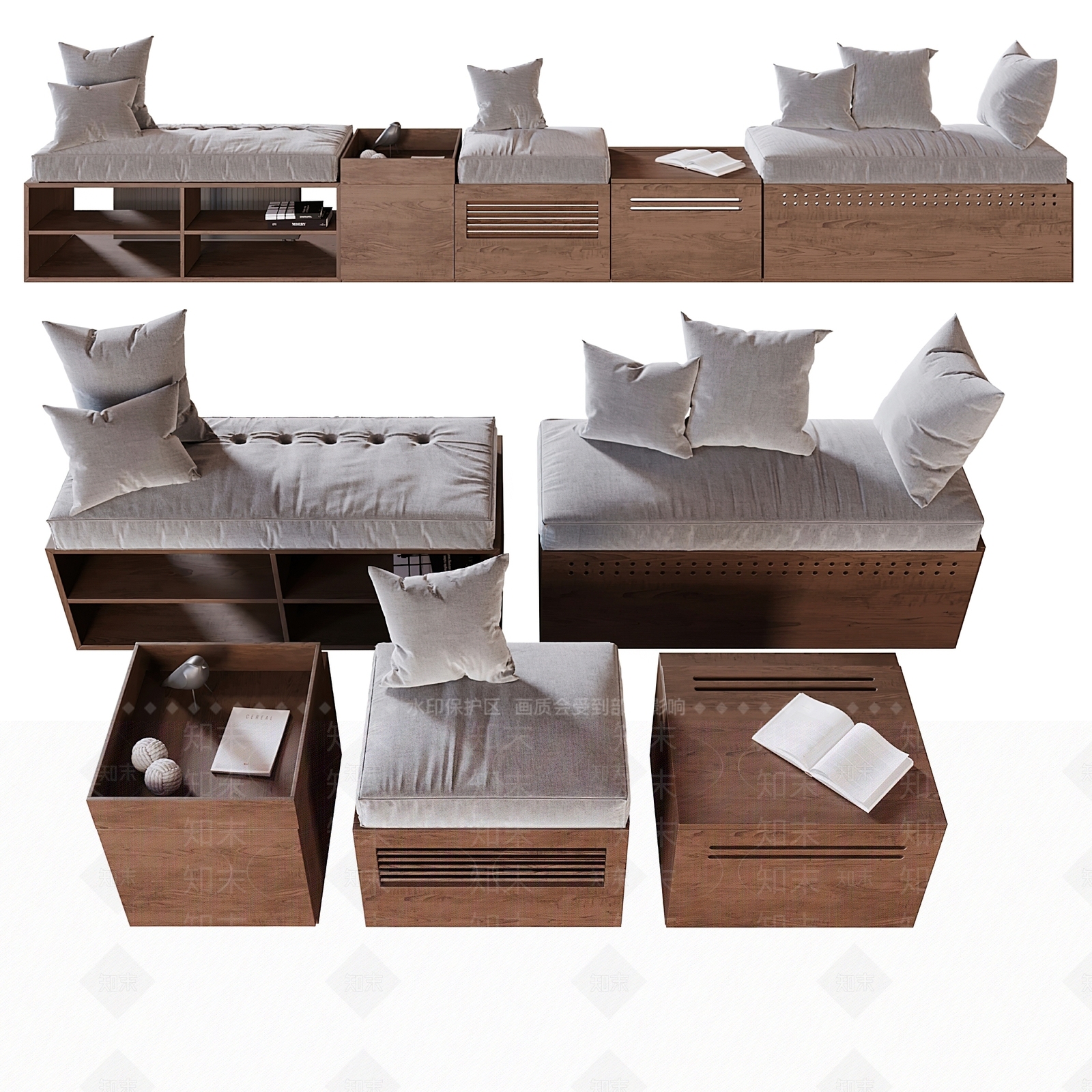 现代木飘窗台坐垫3D模型下载【ID:1135719429】