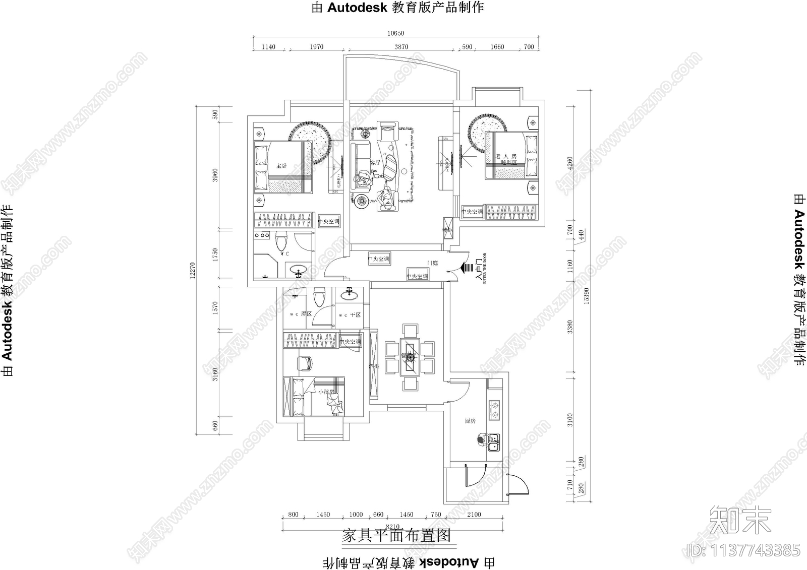 欧式3室2厅2卫cad施工图下载【ID:1137743385】