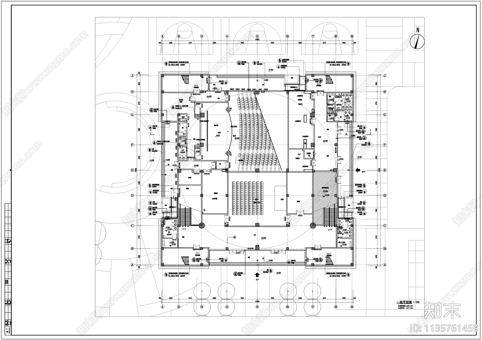 学校文体中心建筑cad施工图下载【ID:1135761459】