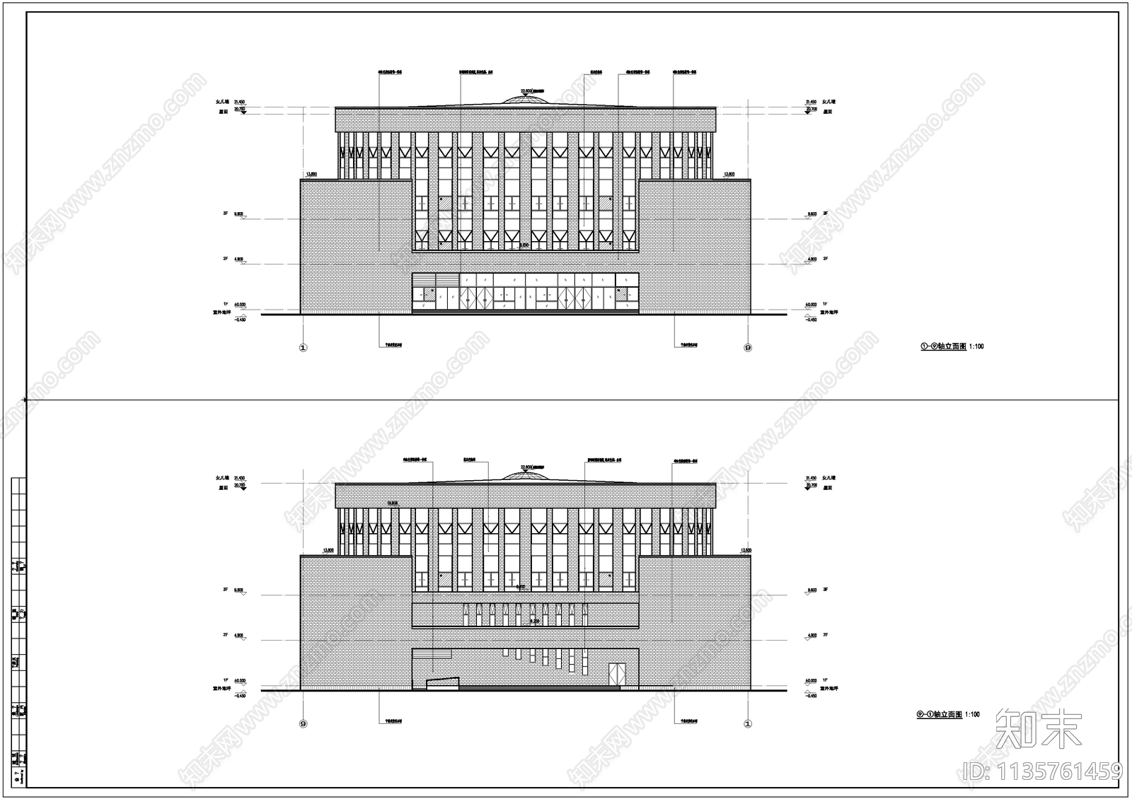 学校文体中心建筑cad施工图下载【ID:1135761459】