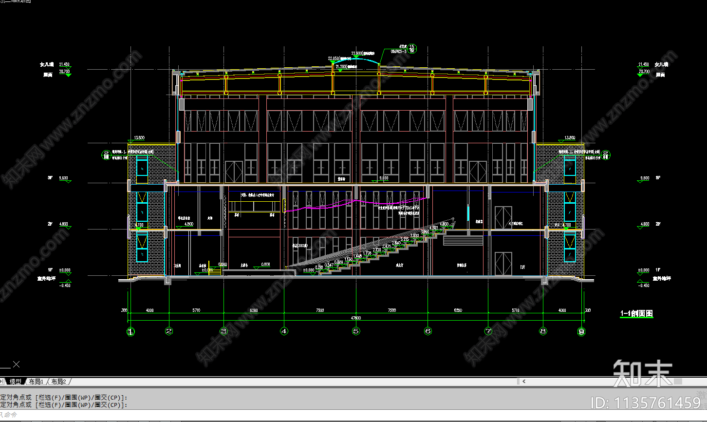 学校文体中心建筑cad施工图下载【ID:1135761459】