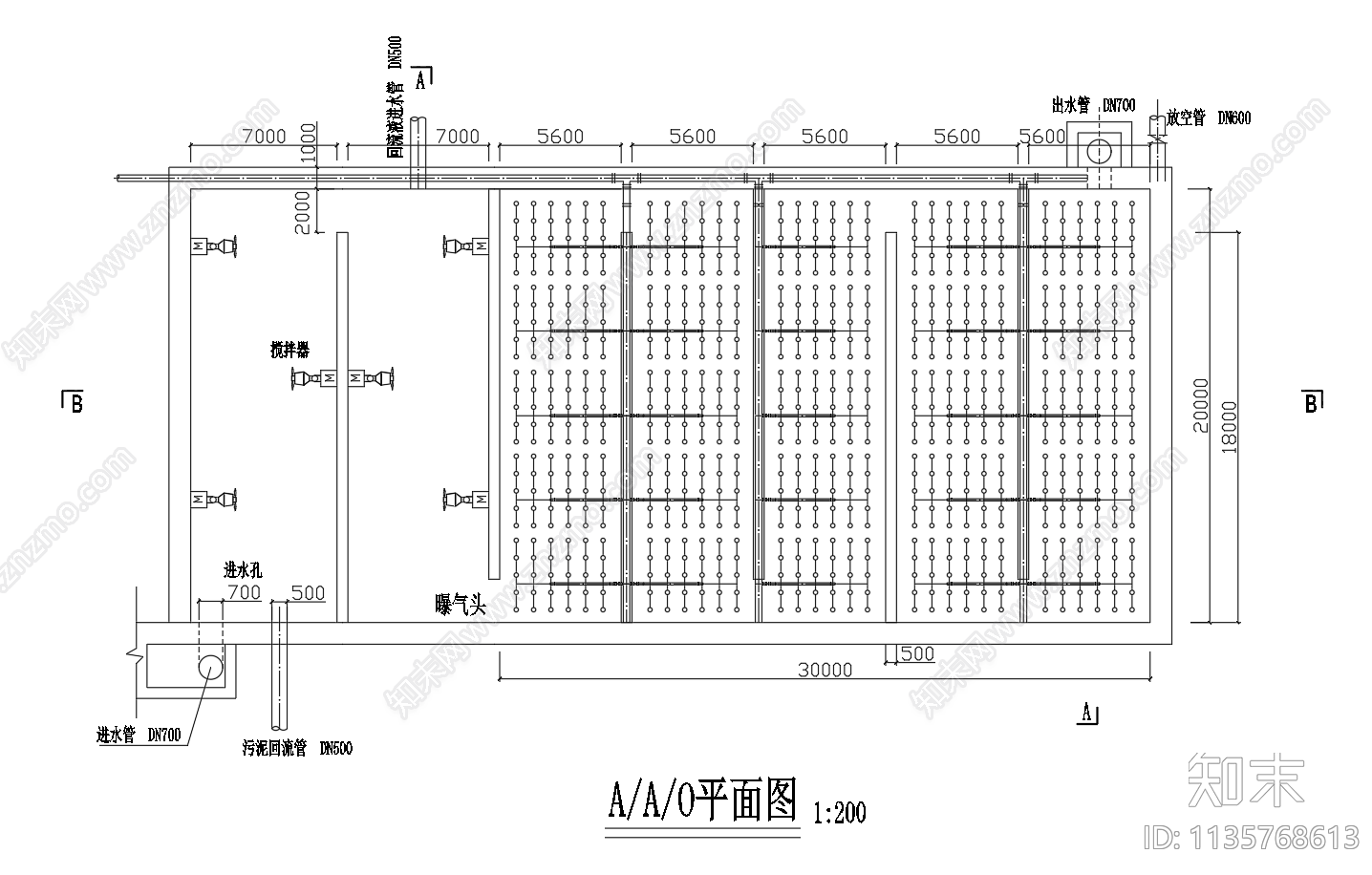 AAO曝气池平面剖面三视图cad施工图下载【ID:1135768613】