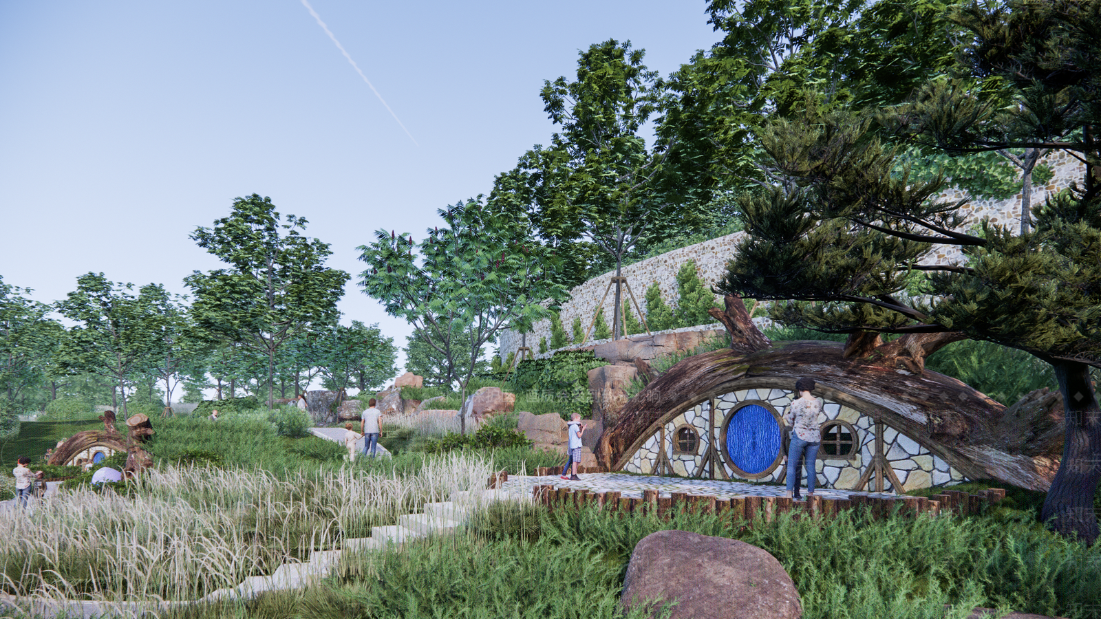 现代森林树屋坡地亲子游乐公园SU模型下载【ID:1135777666】