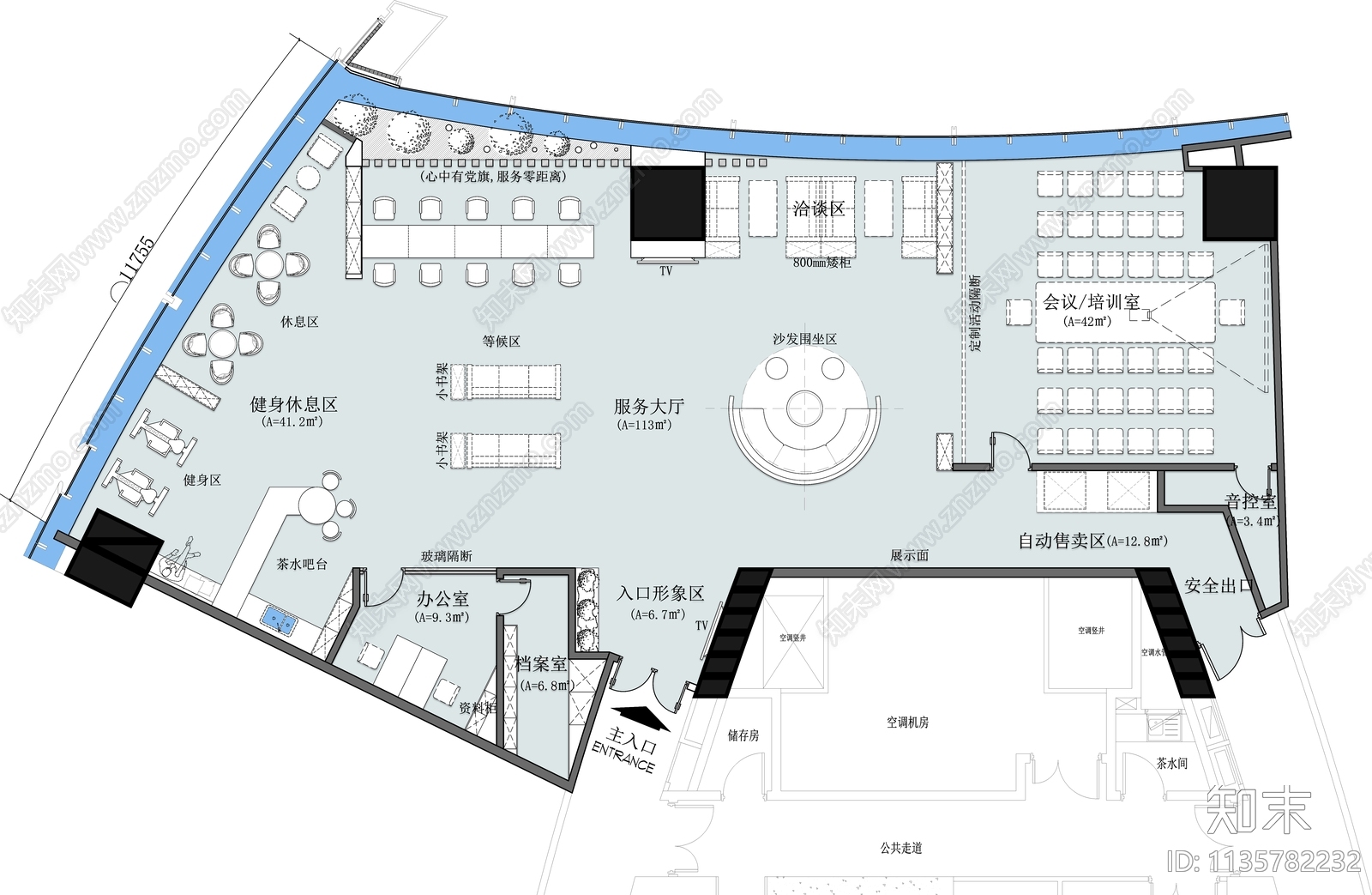 党群服务中心平面布置图cad施工图下载【ID:1135782232】