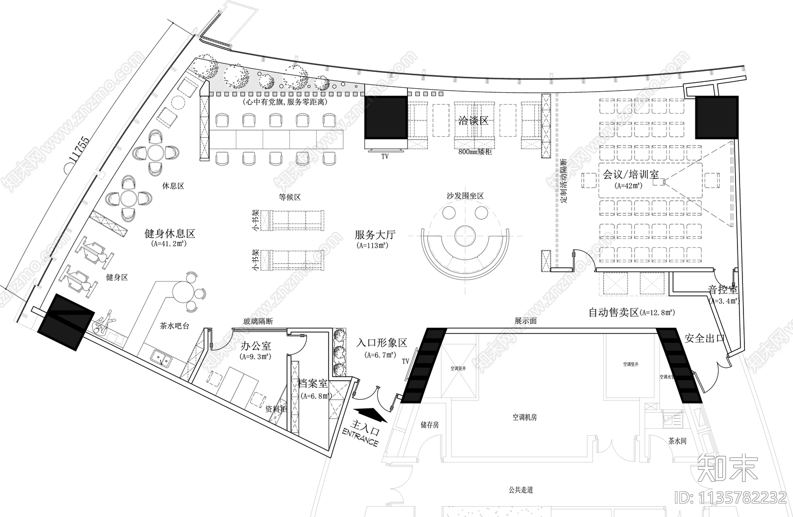 党群服务中心平面布置图cad施工图下载【ID:1135782232】