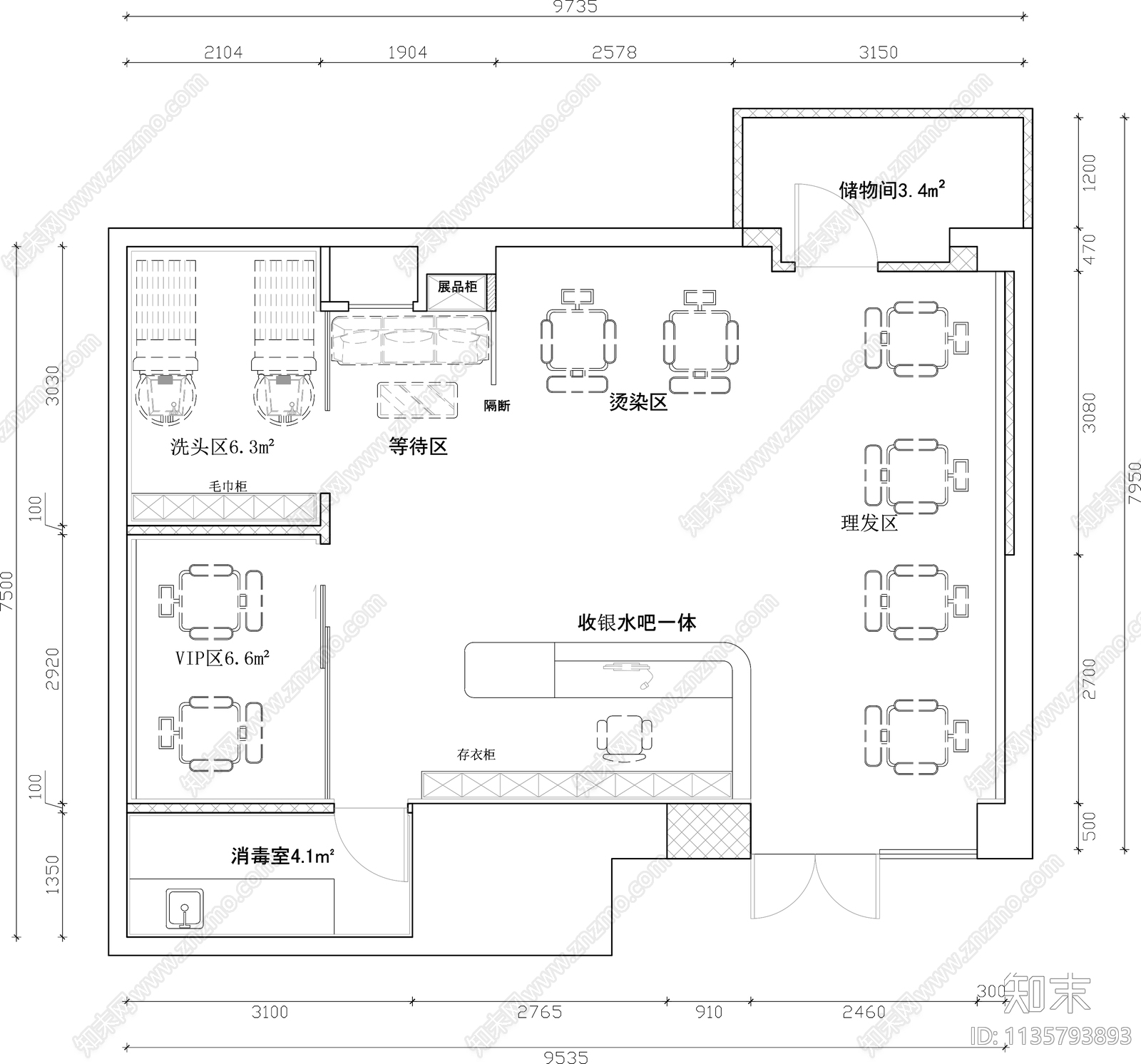 理发店cad施工图下载【ID:1135793893】