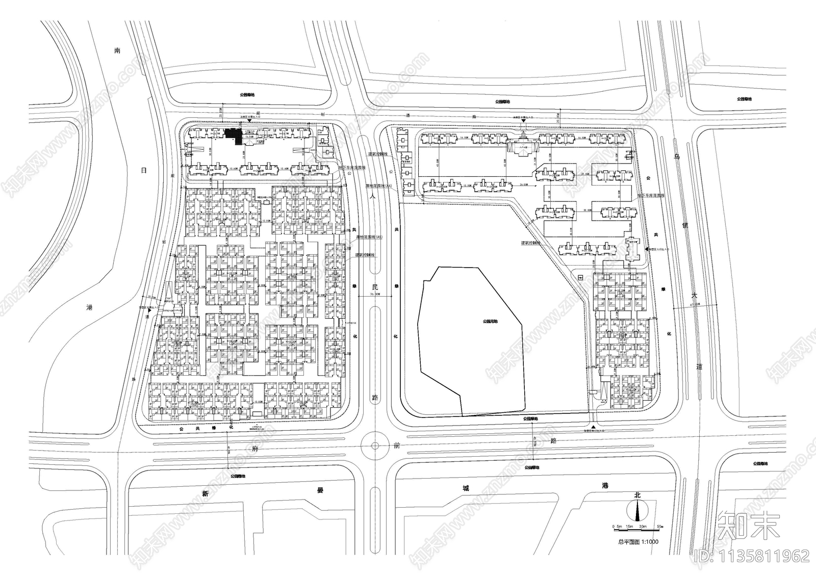 高层合院小区规划总平面图施工图下载【ID:1135811962】