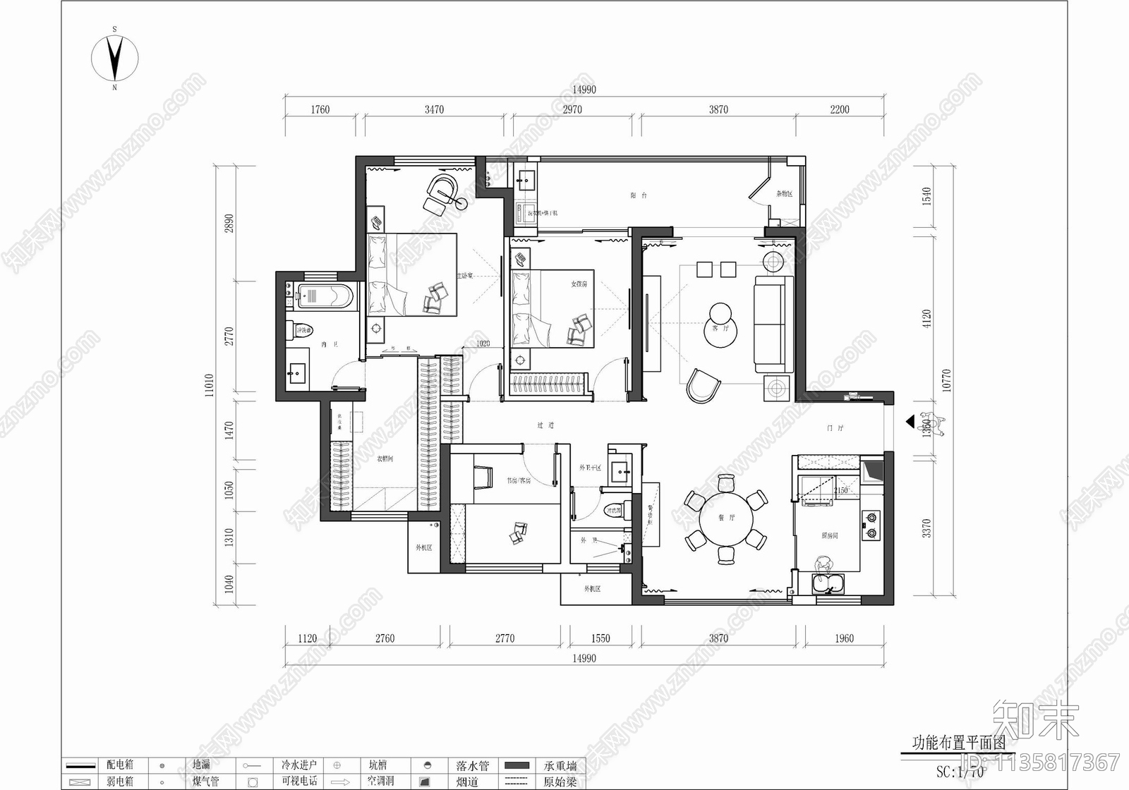 130㎡三居室家装平层施工图下载【ID:1135817367】