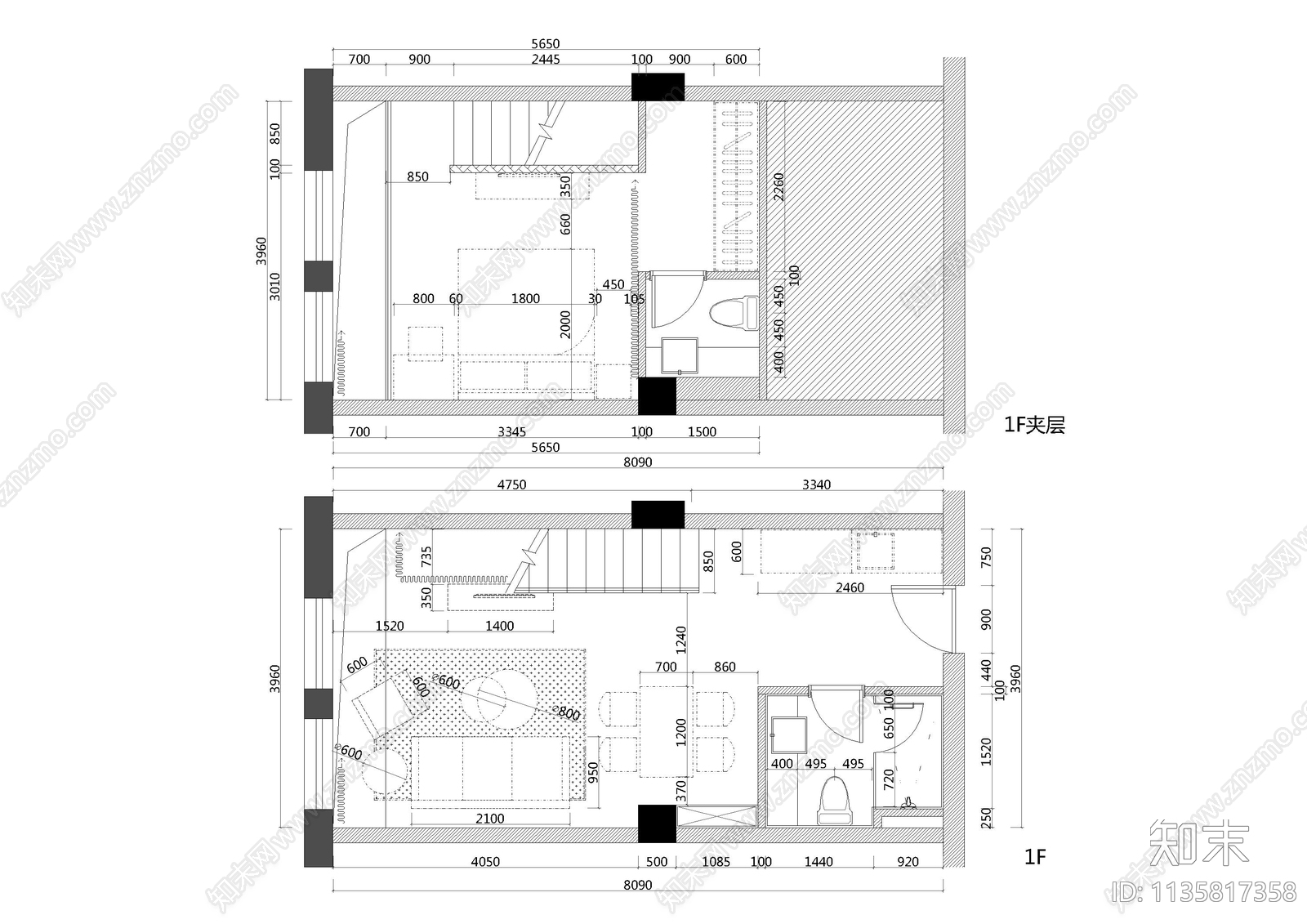 复式客房cad施工图下载【ID:1135817358】