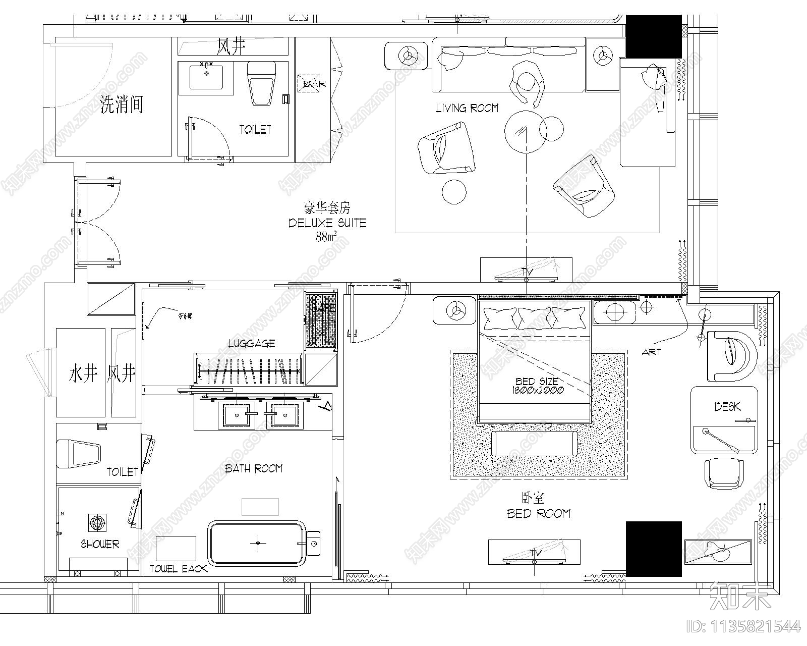 品牌酒店客房平面图施工图下载【ID:1135821544】