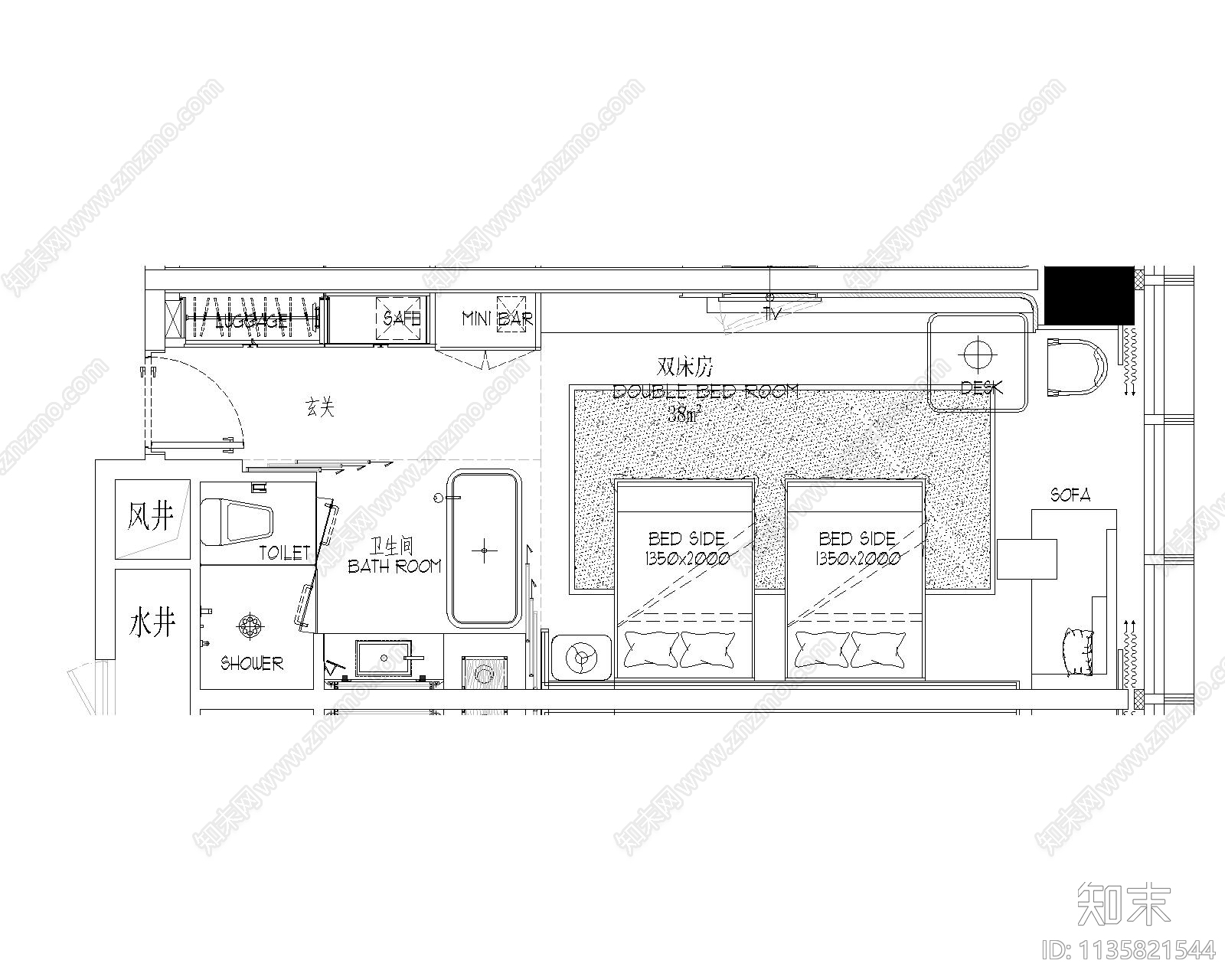 品牌酒店客房平面图施工图下载【ID:1135821544】