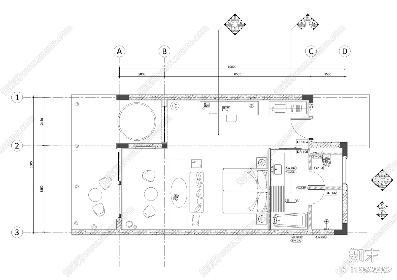 池畔套房客房cad施工图下载【ID:1135823624】