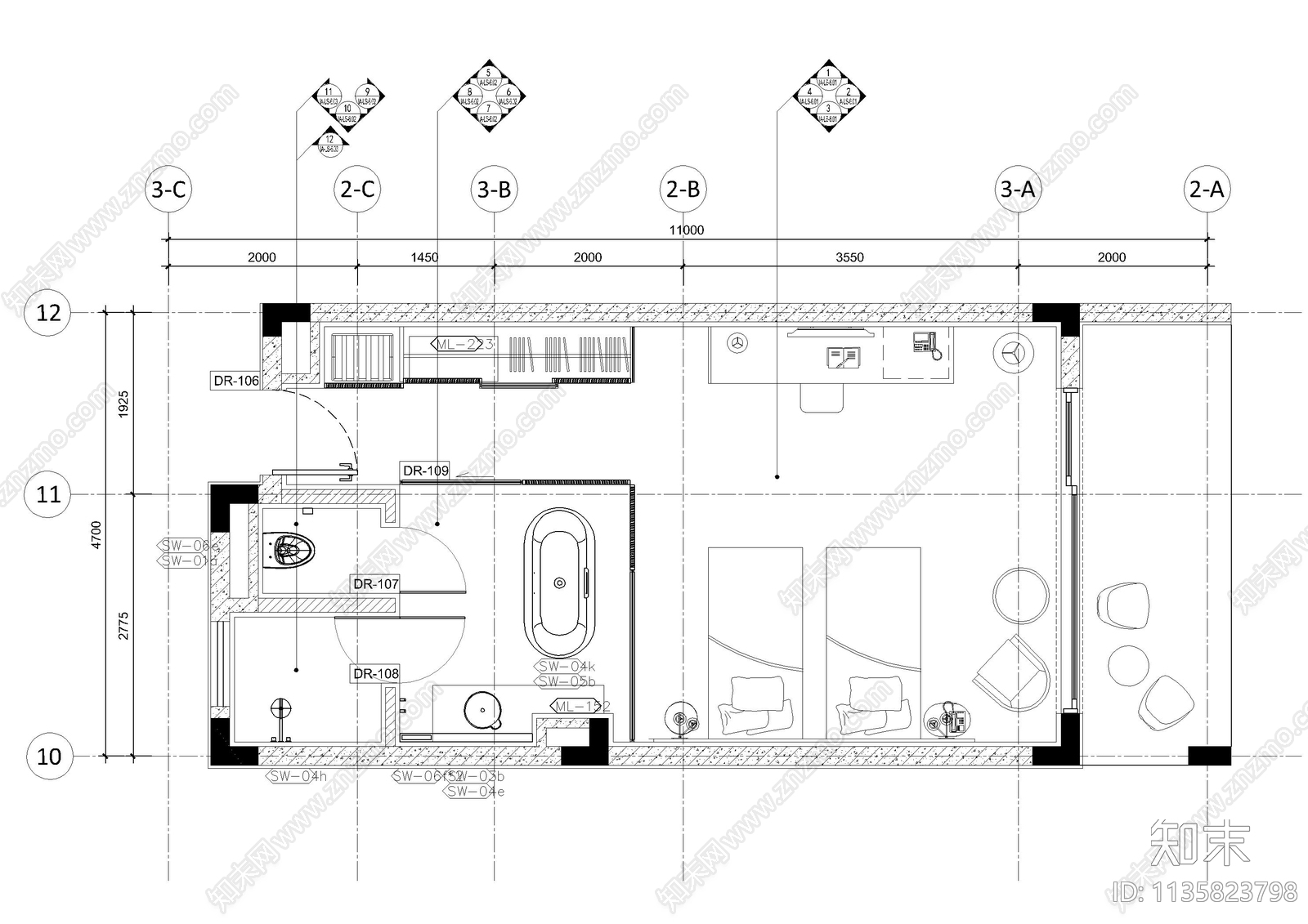 湖景套房客房cad施工图下载【ID:1135823798】