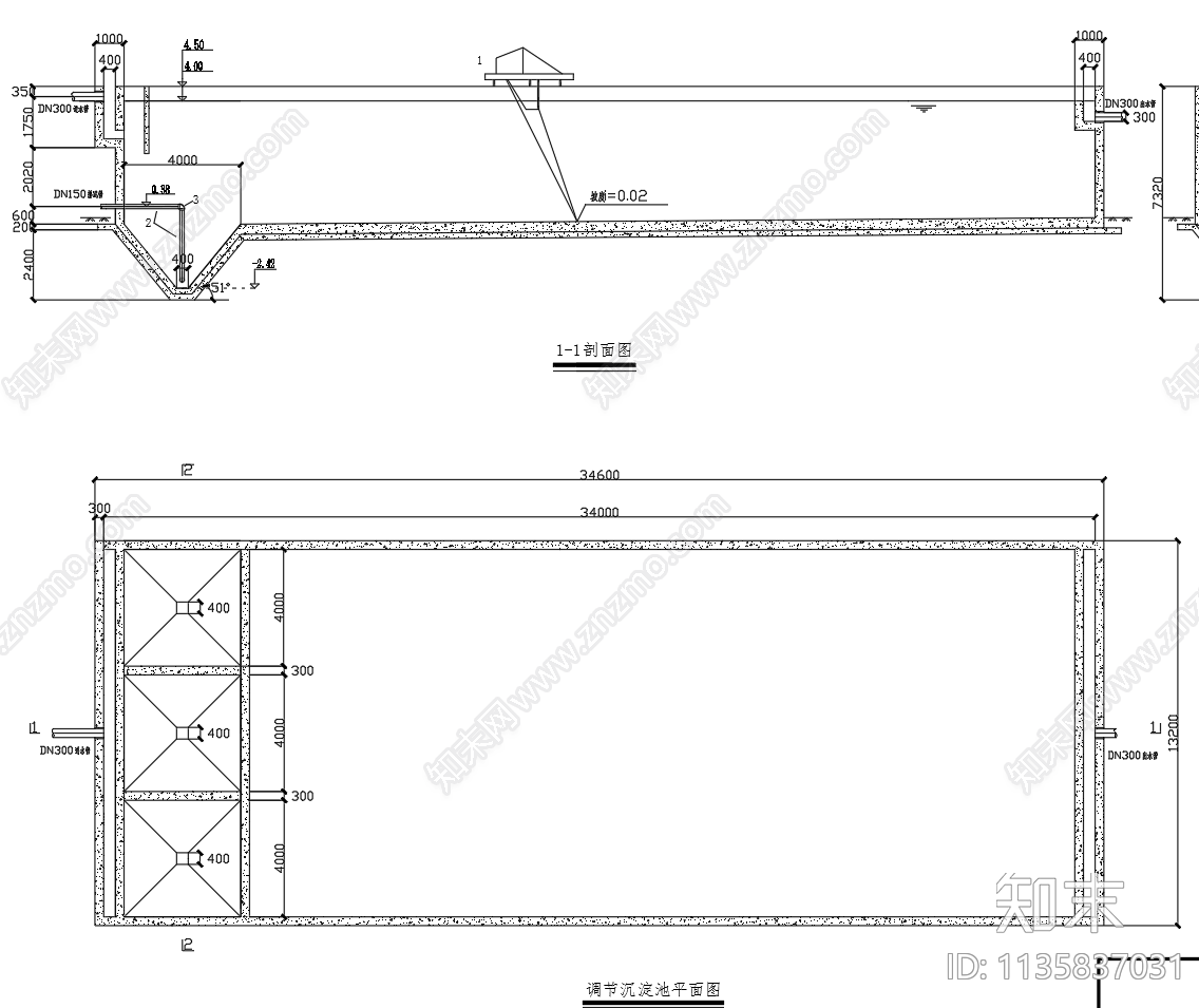 调节沉淀池平面剖面三视图cad施工图下载【ID:1135837031】