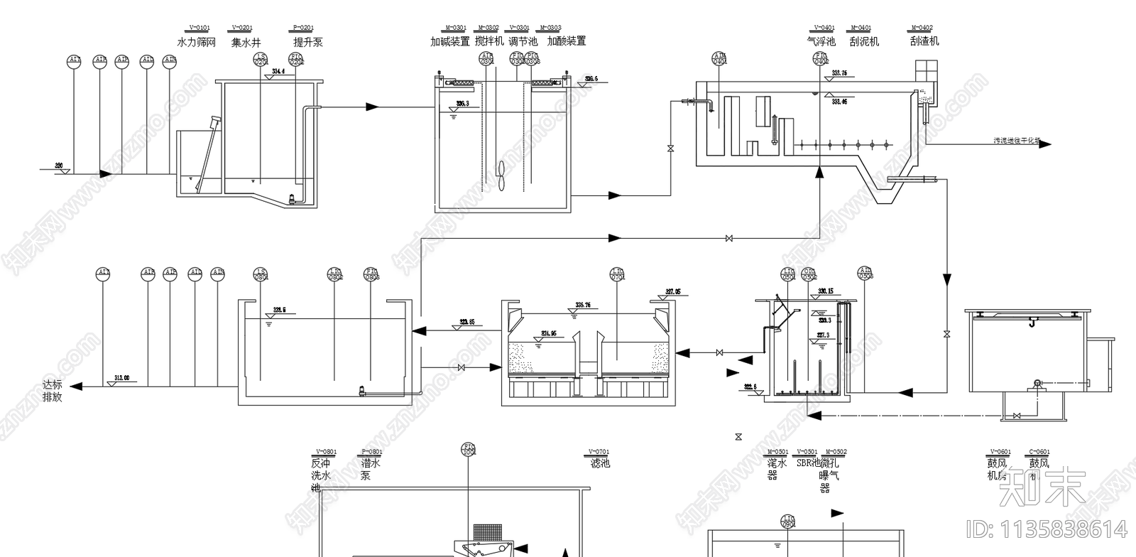 调节池气浮池滤池工艺流程图cad施工图下载【ID:1135838614】