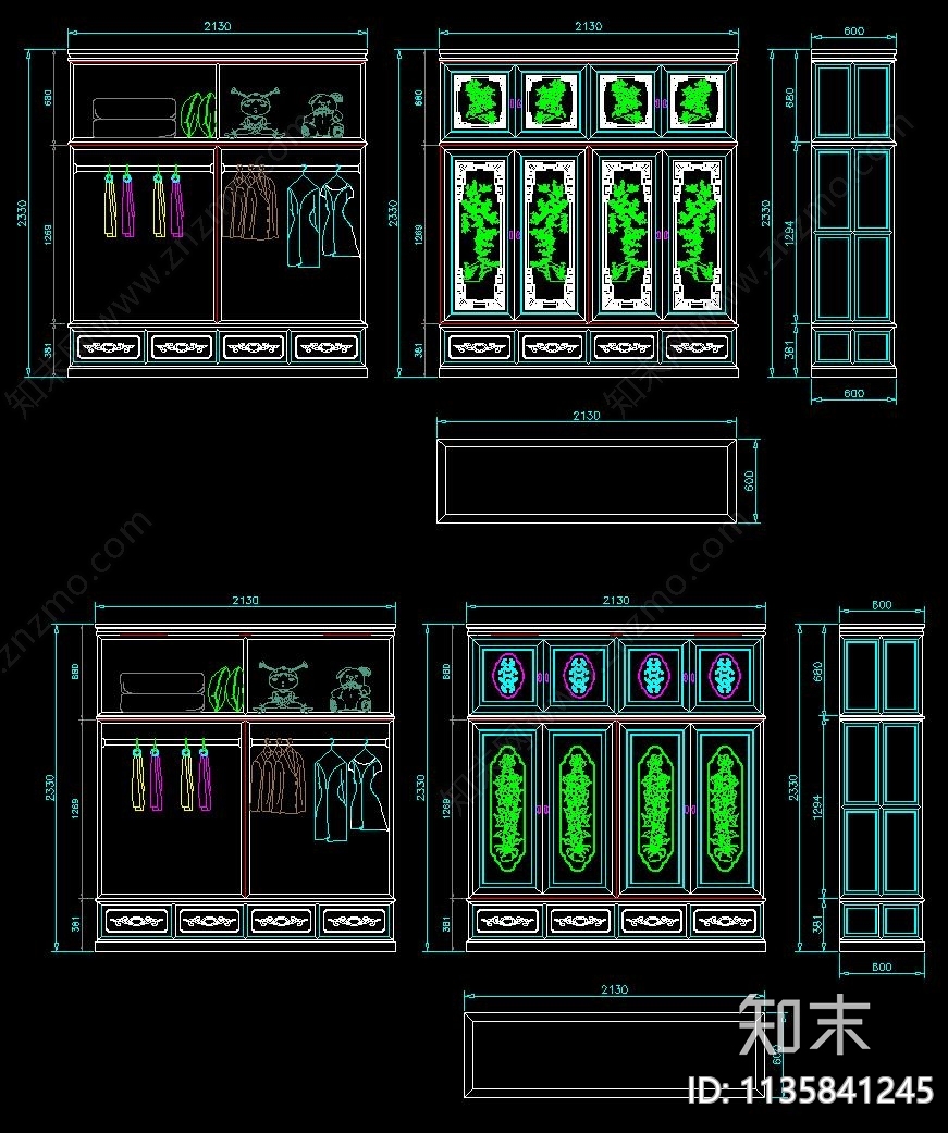 各式实木衣柜雕花衣柜施工图下载【ID:1135841245】