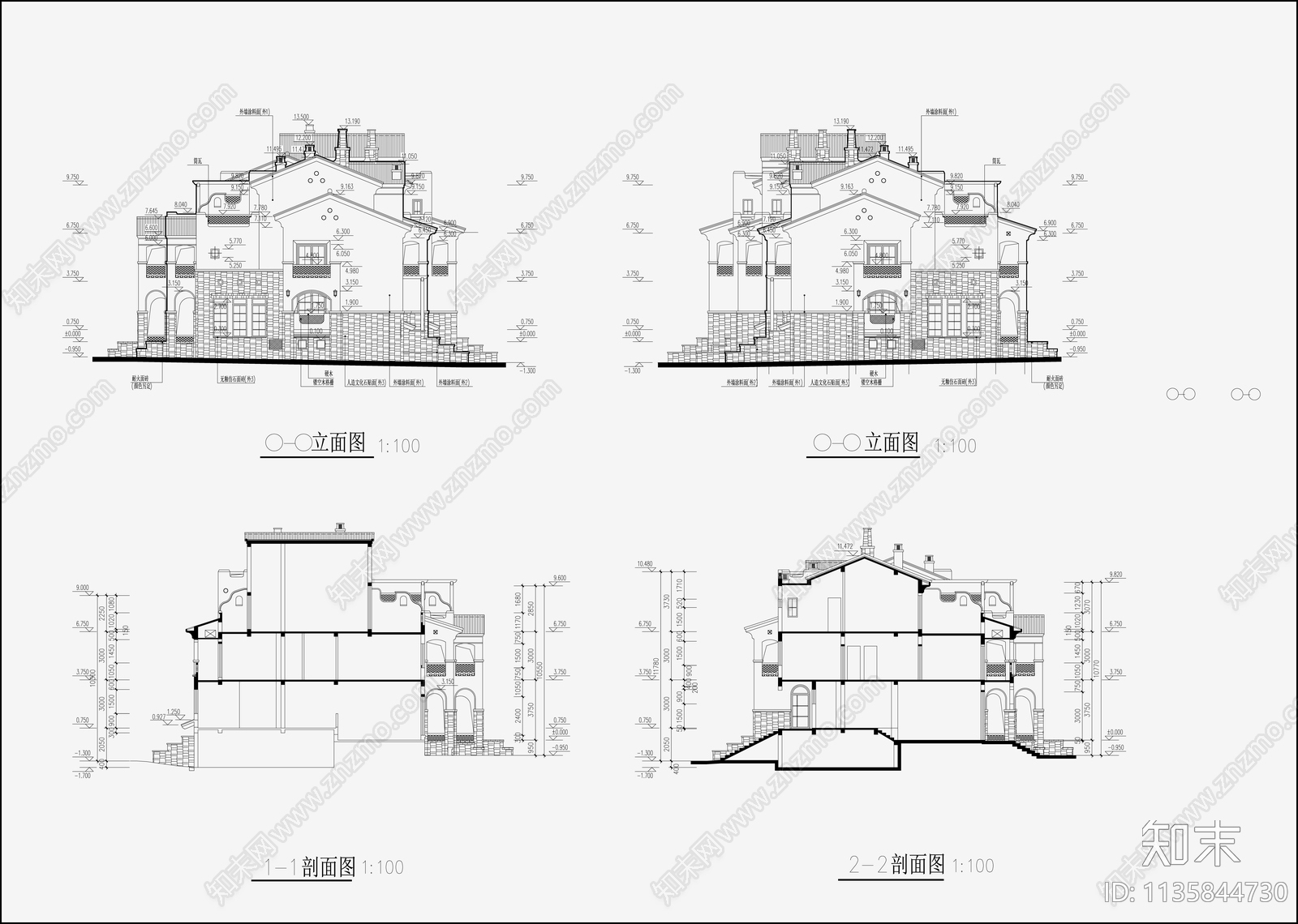 欧式简约别墅建筑cad施工图下载【ID:1135844730】