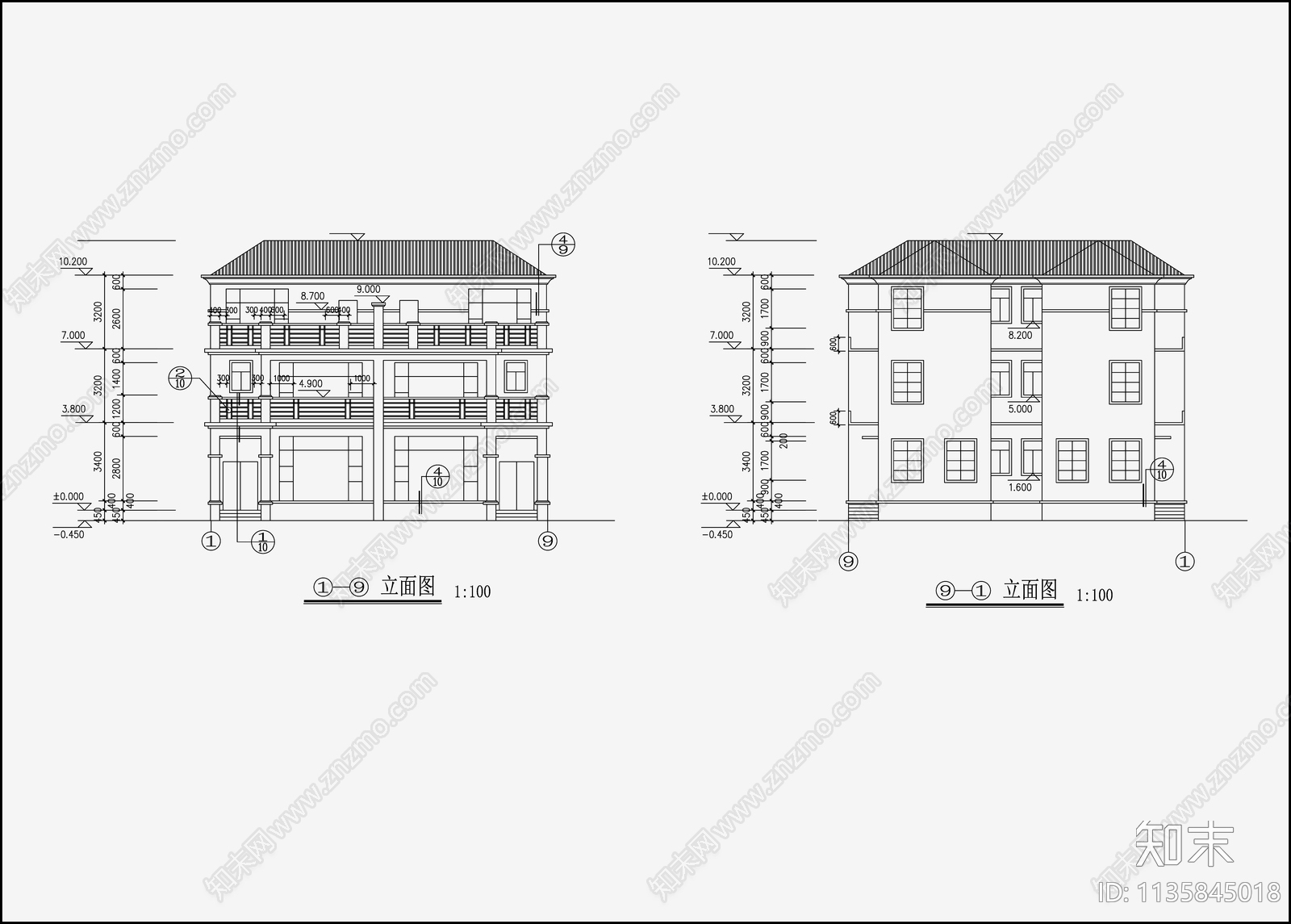 欧式简约别墅建筑cad施工图下载【ID:1135845018】