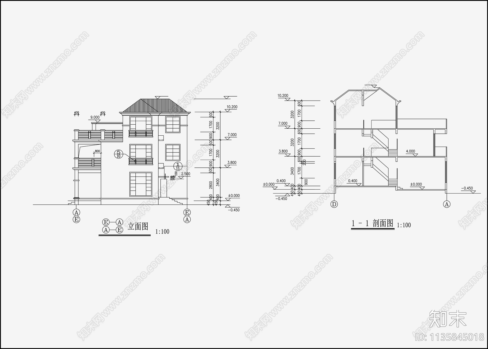 欧式简约别墅建筑cad施工图下载【ID:1135845018】