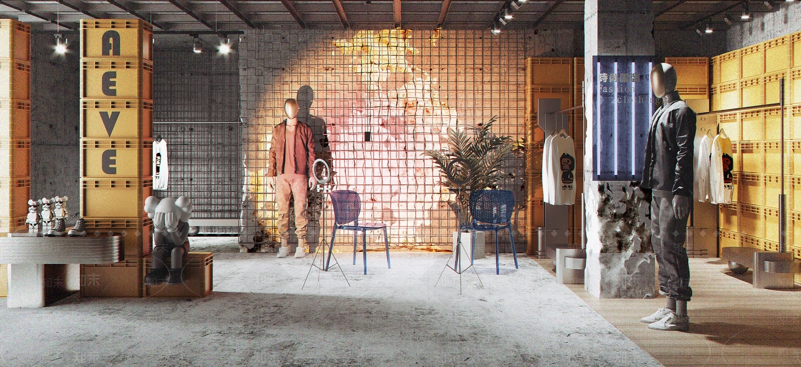 工业风潮牌服装店直播间3D模型下载【ID:1135894883】