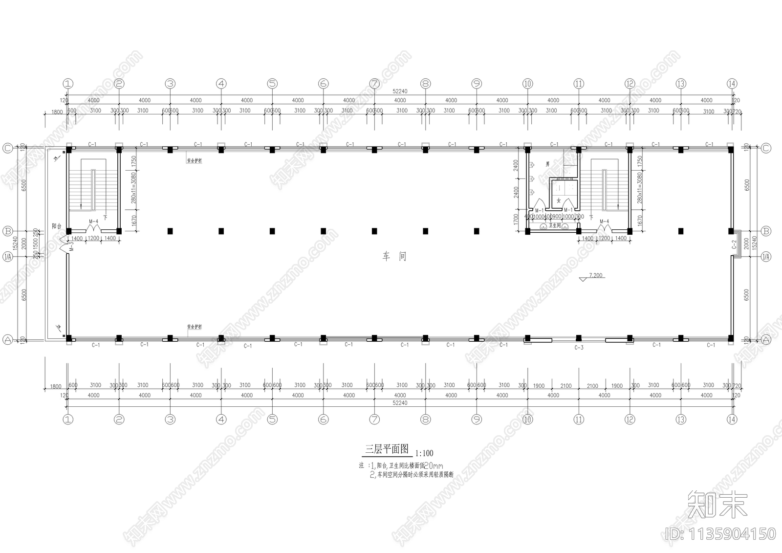 某工厂三层车间建筑cad施工图下载【ID:1135904150】