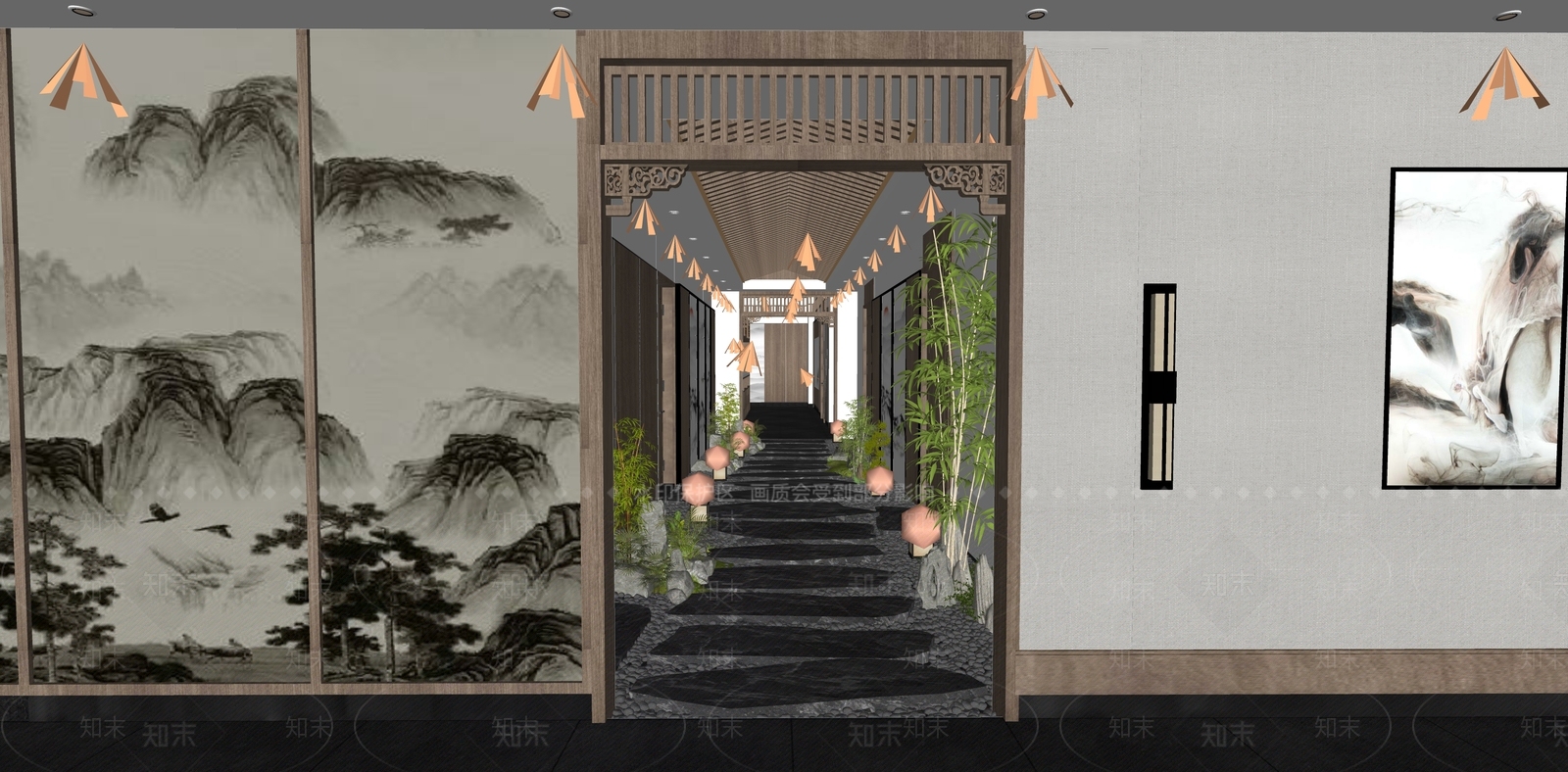 新中式酒店玄关过道SU模型下载【ID:1135909971】