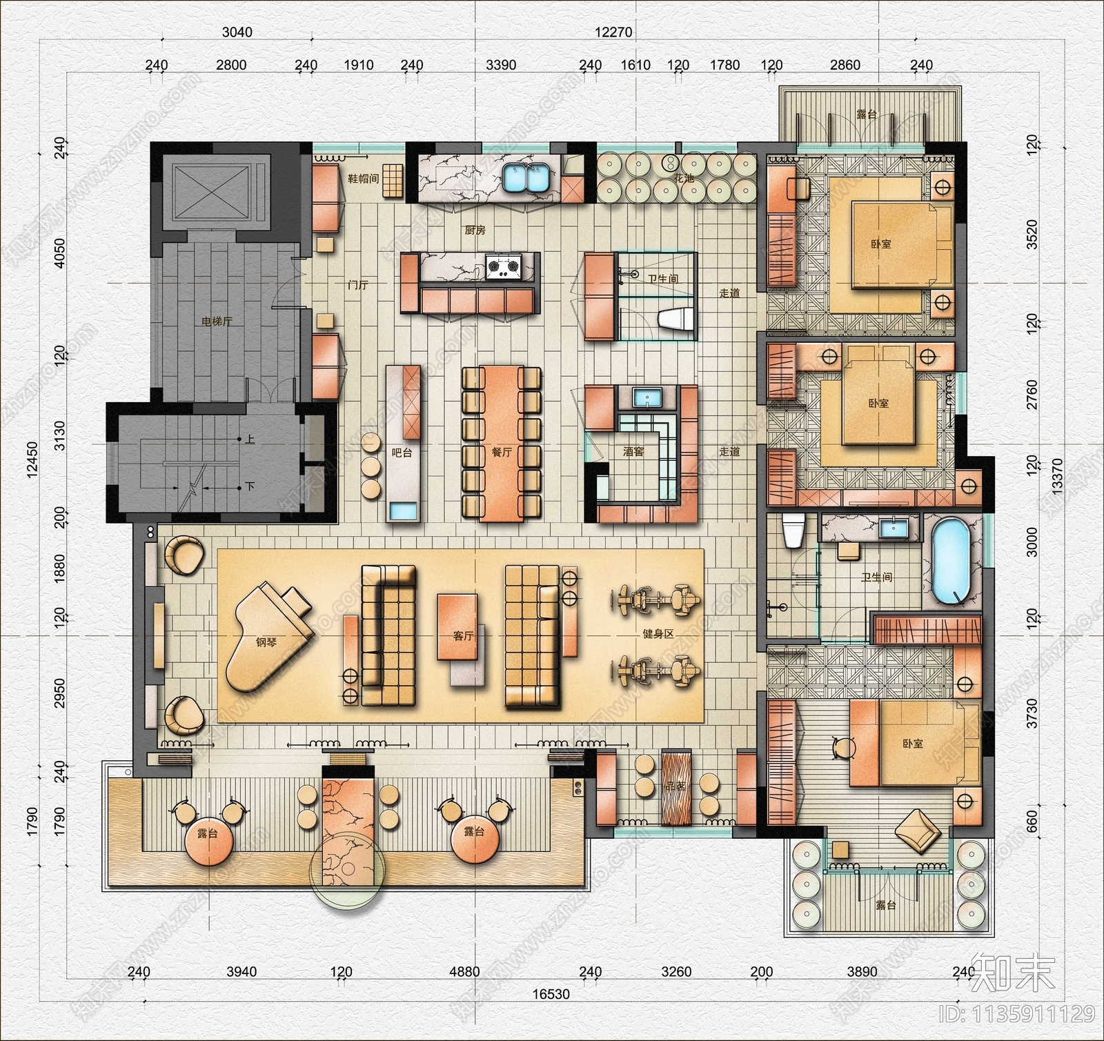 大平层平面布置图彩平图cad施工图下载【ID:1135911129】