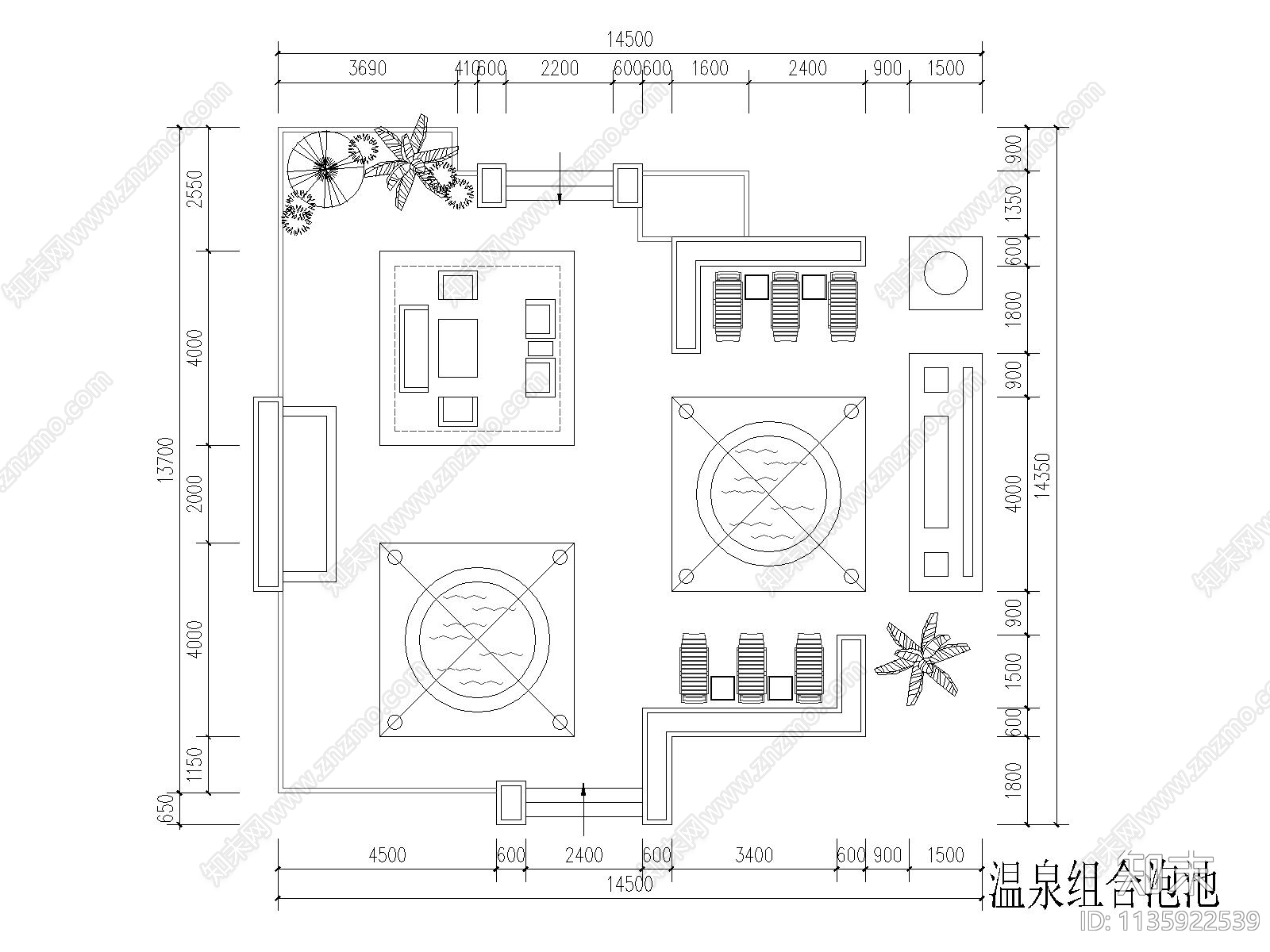 温泉国际度假酒店室外温泉平面图cad施工图下载【ID:1135922539】