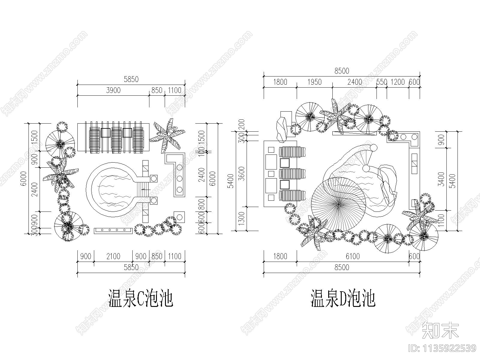 温泉国际度假酒店室外温泉平面图cad施工图下载【ID:1135922539】