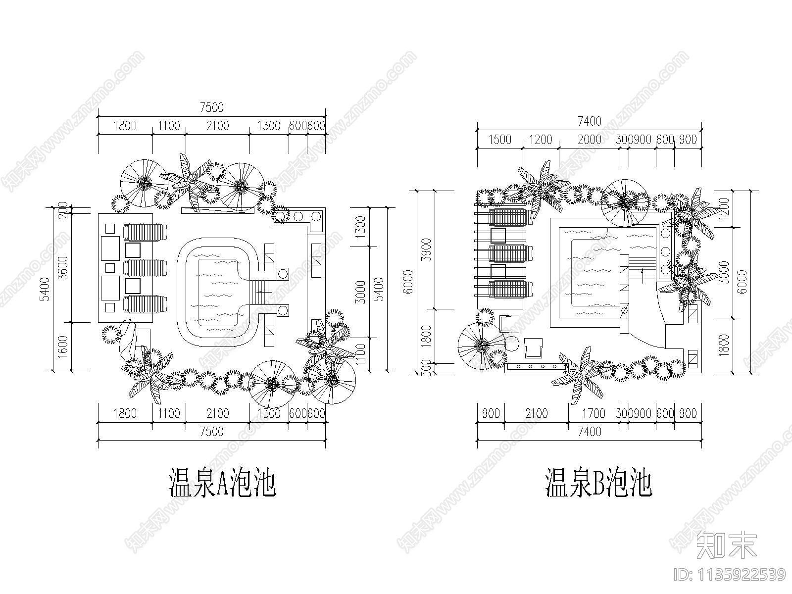 温泉国际度假酒店室外温泉平面图cad施工图下载【ID:1135922539】