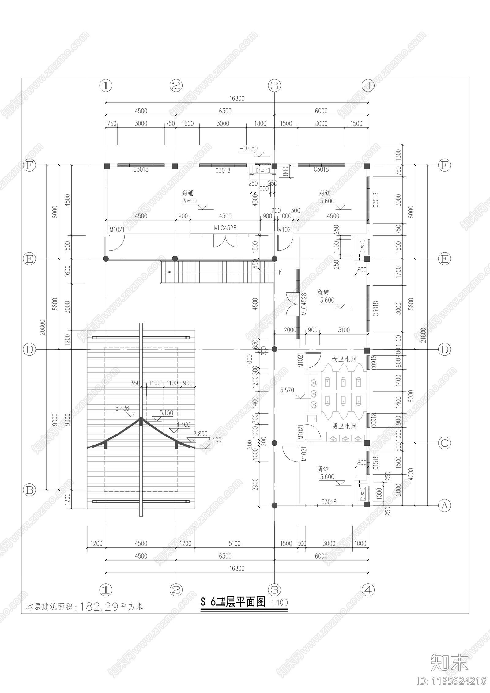 中式坡屋面商业街建筑cad施工图下载【ID:1135924216】