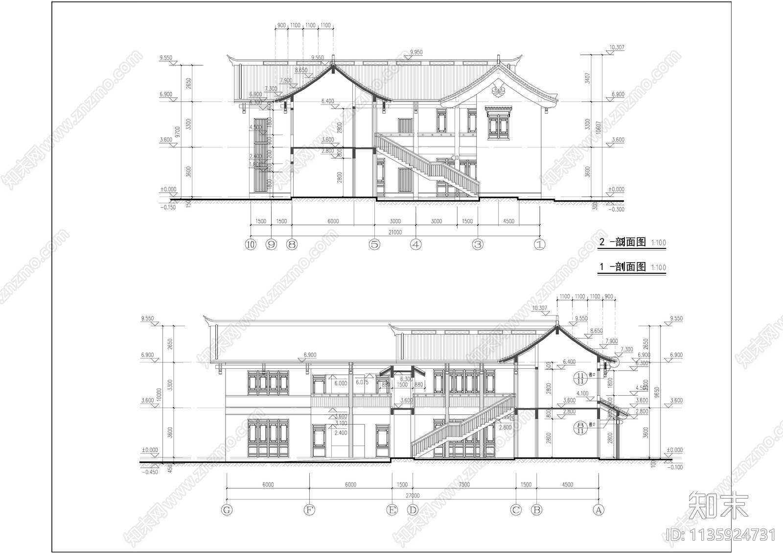 中式坡屋面商业街建筑cad施工图下载【ID:1135924731】